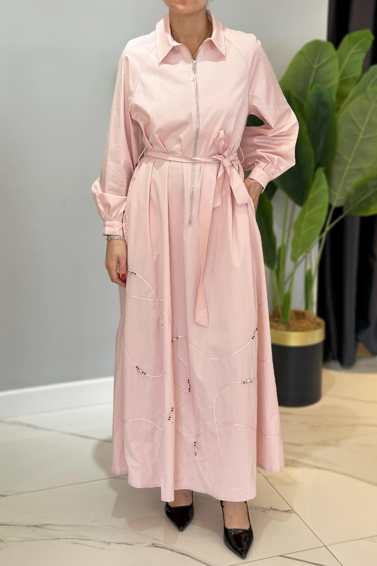 Yarım Patlı Fermuarlı Poplin Elbise 5779 Pembe