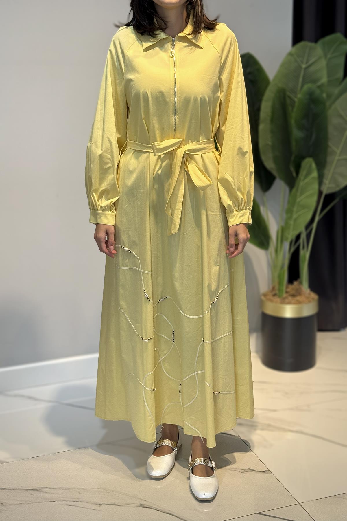 Yarım Patlı Fermuarlı Poplin Elbise 5779 Sarı