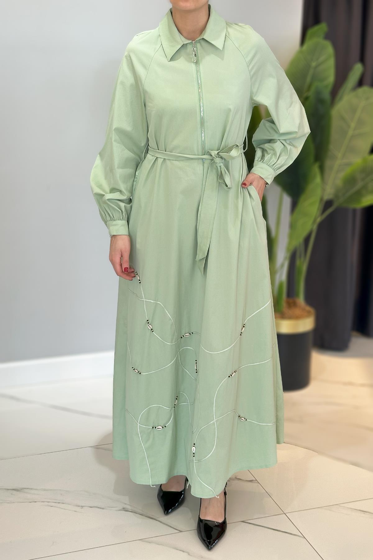 Yarım Patlı Fermuarlı Poplin Elbise 5779 Mint
