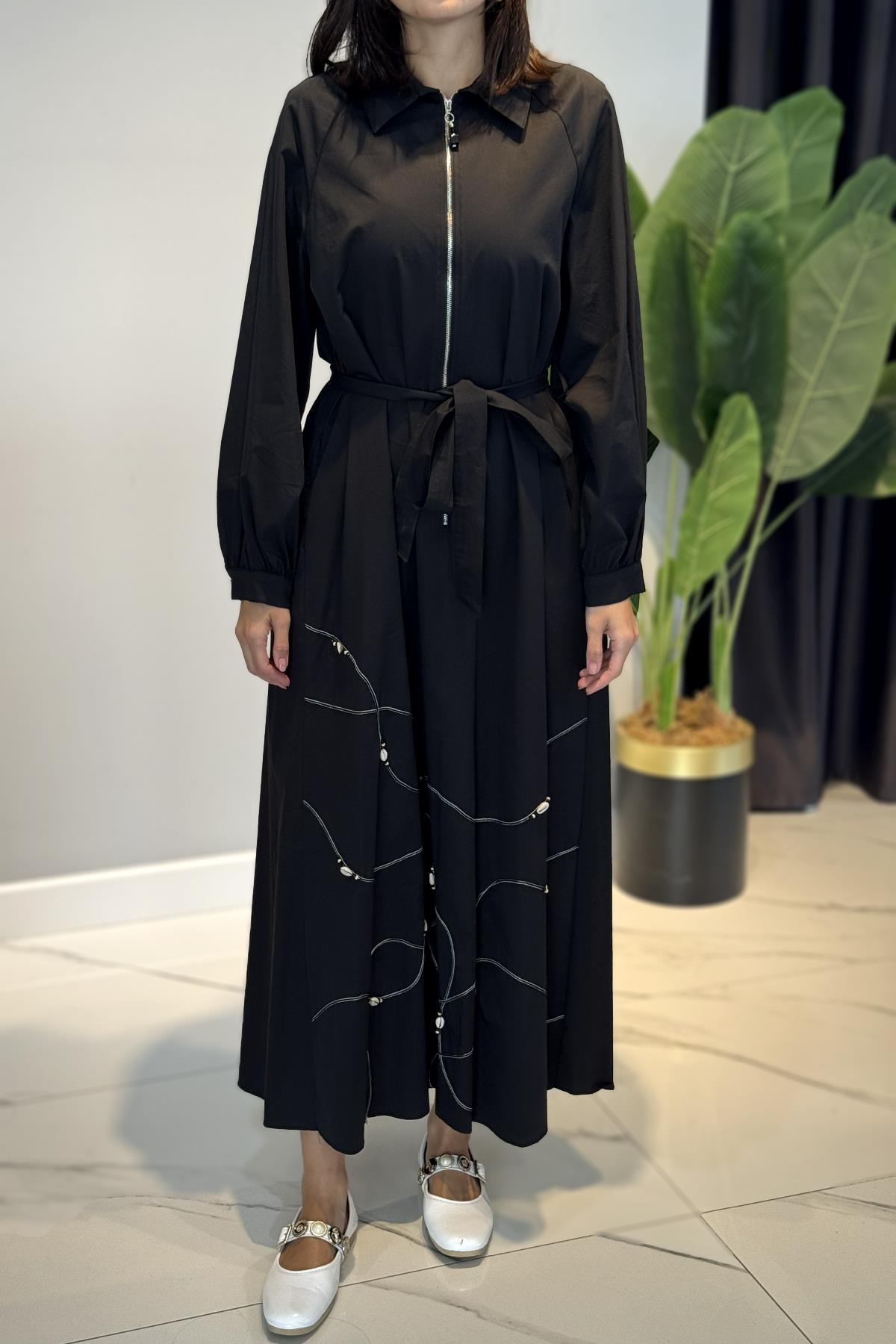 Yarım Patlı Fermuarlı Poplin Elbise 5779 Siyah