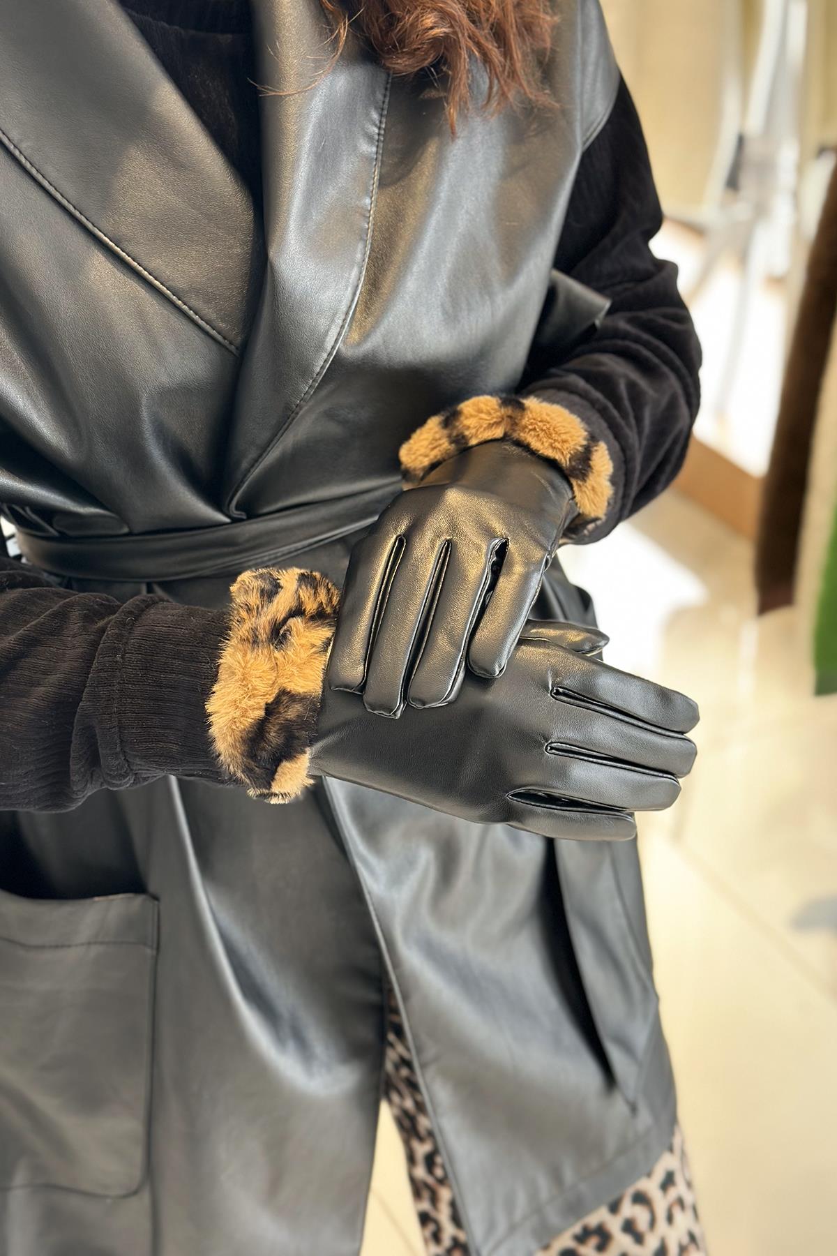 Zebra Peluş Detay Kadın Deri Eldiven ELD-26 Siyah