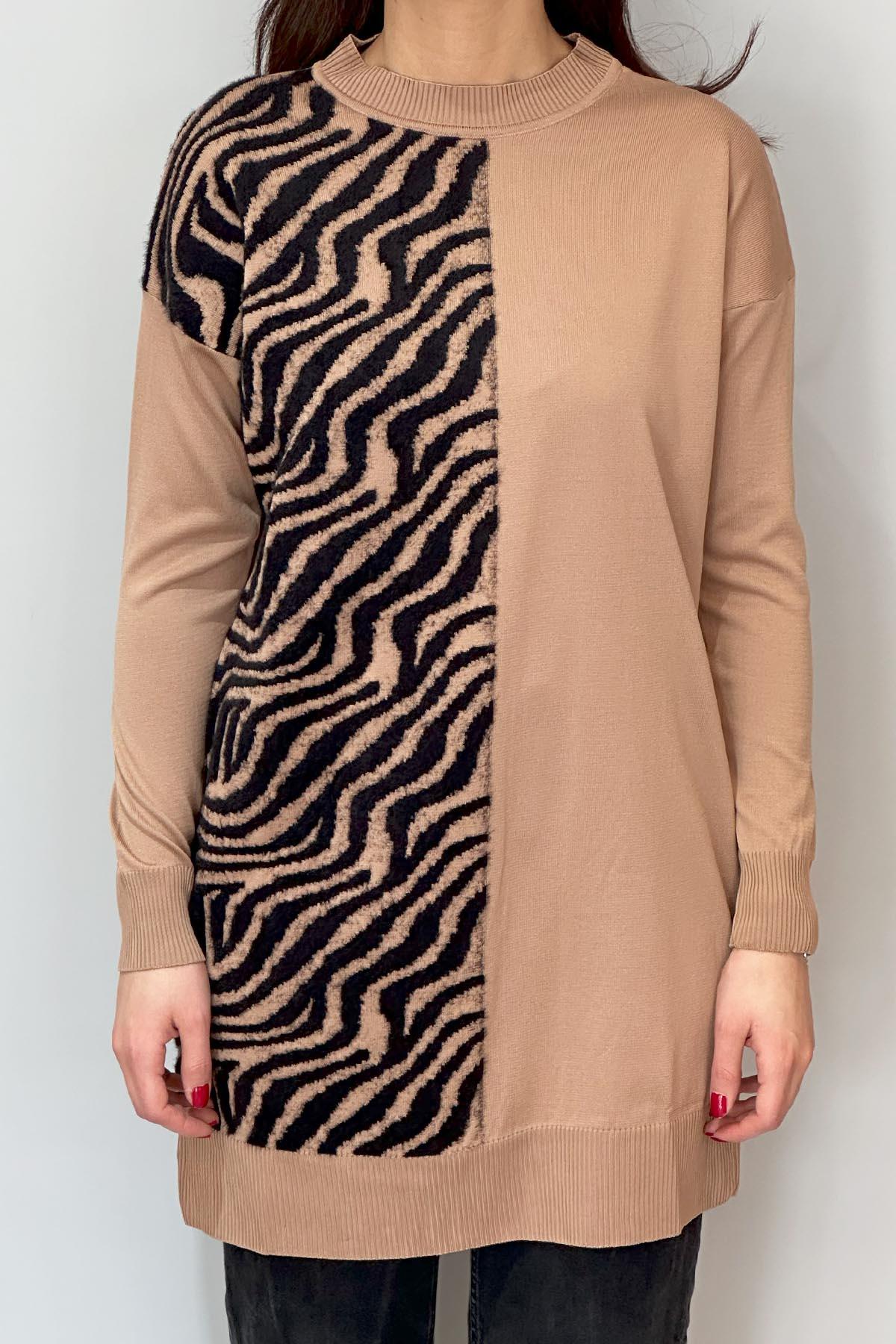 Zebra Tüy Detay Triko Tunik 35022 Latte