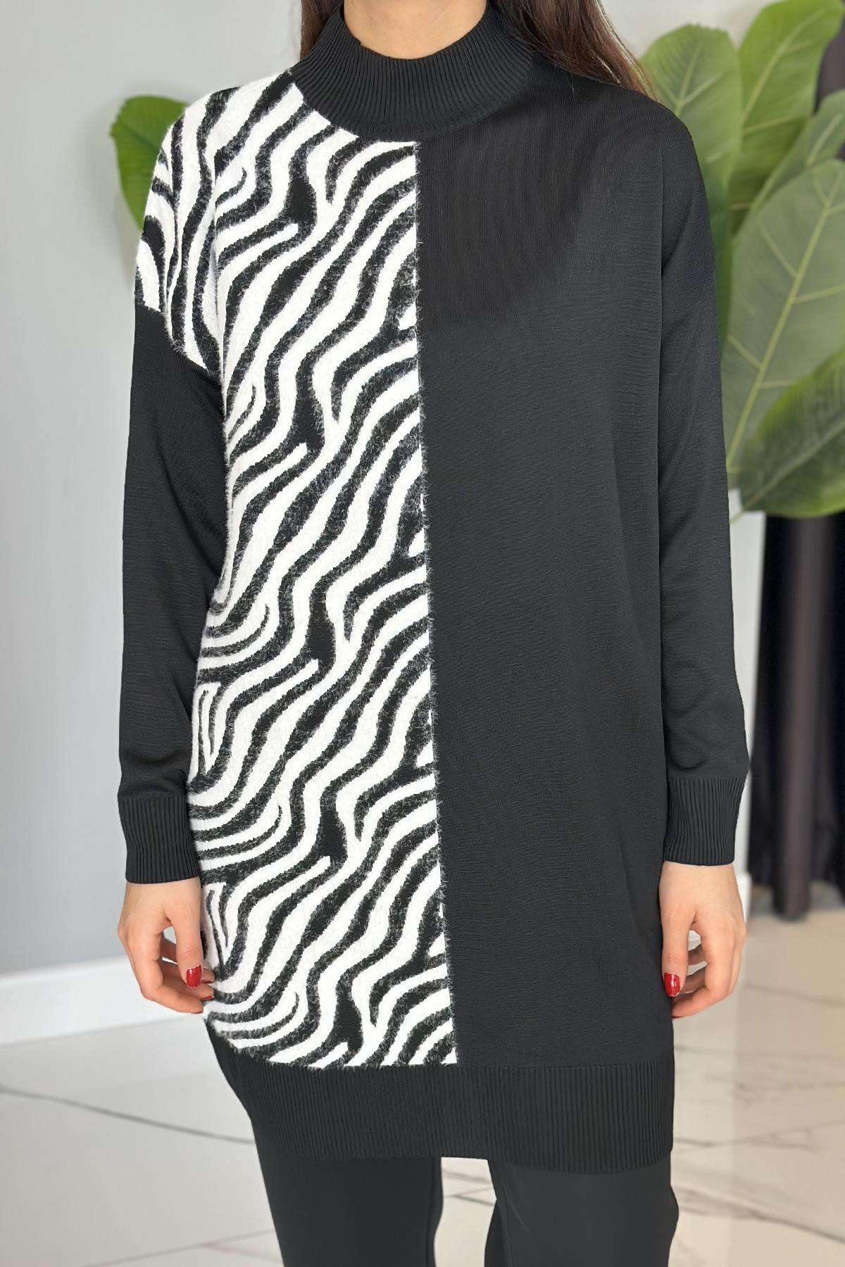 Zebra Tüy Detay Triko Tunik 35022 Siyah 