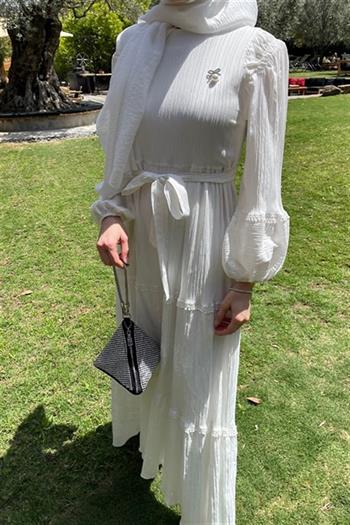 Lale Butik Pamuklu Fisto Detaylı Elbise 3409 Beyaz