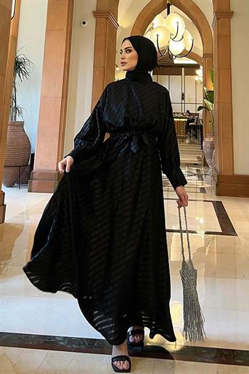 Lale Butik Şık Beli Lastikli Taş Düğme Detaylı Tül Elbise 8008 Siyah