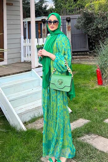 Lale Butik Şık Şifon Desenli Elbise 8022 Yeşil