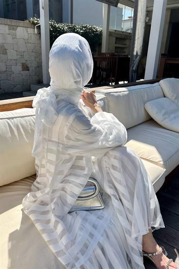Lale Butik Şık Tül Detaylı Elbise 8027 Beyaz