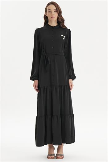 Merwishop Broşlu Krep Elbise 594 Siyah