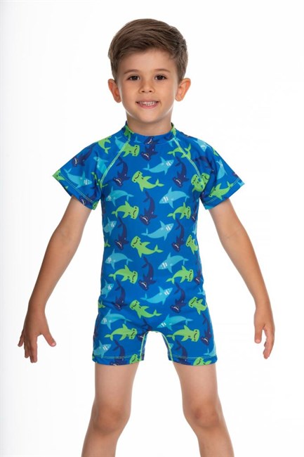 UV Korumalı Tulum Kısa Kollu Şortlu Çocuk Bebek Yüzücü Mayo C64 Shark Köpek Balığı