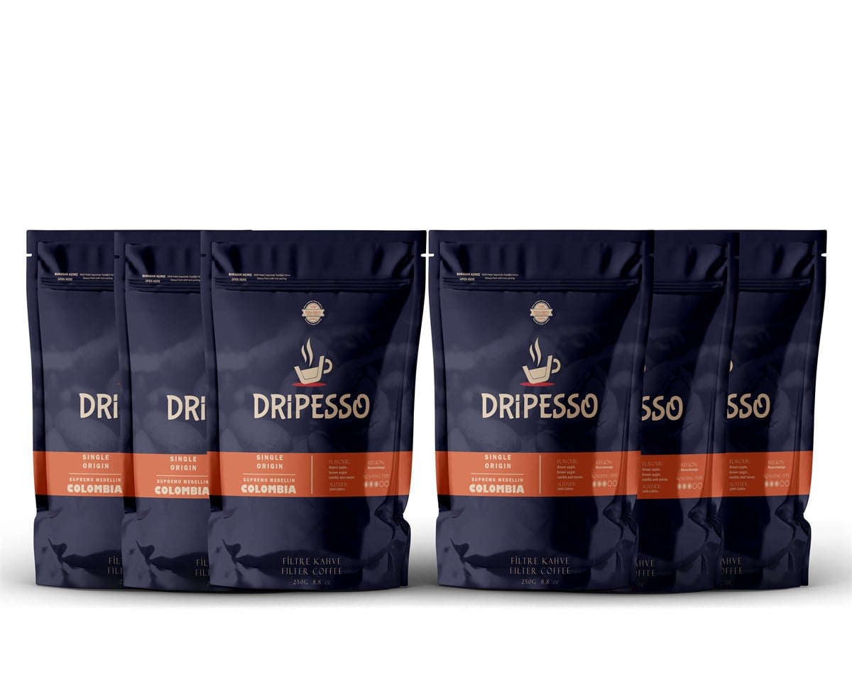 Colombia Supremo Öğütülmüş Filtre Kahve 250G 6 AdetDripesso Colombia Supremo Filtre Kahve 250Gr 6 AdetFiltre Kahveler