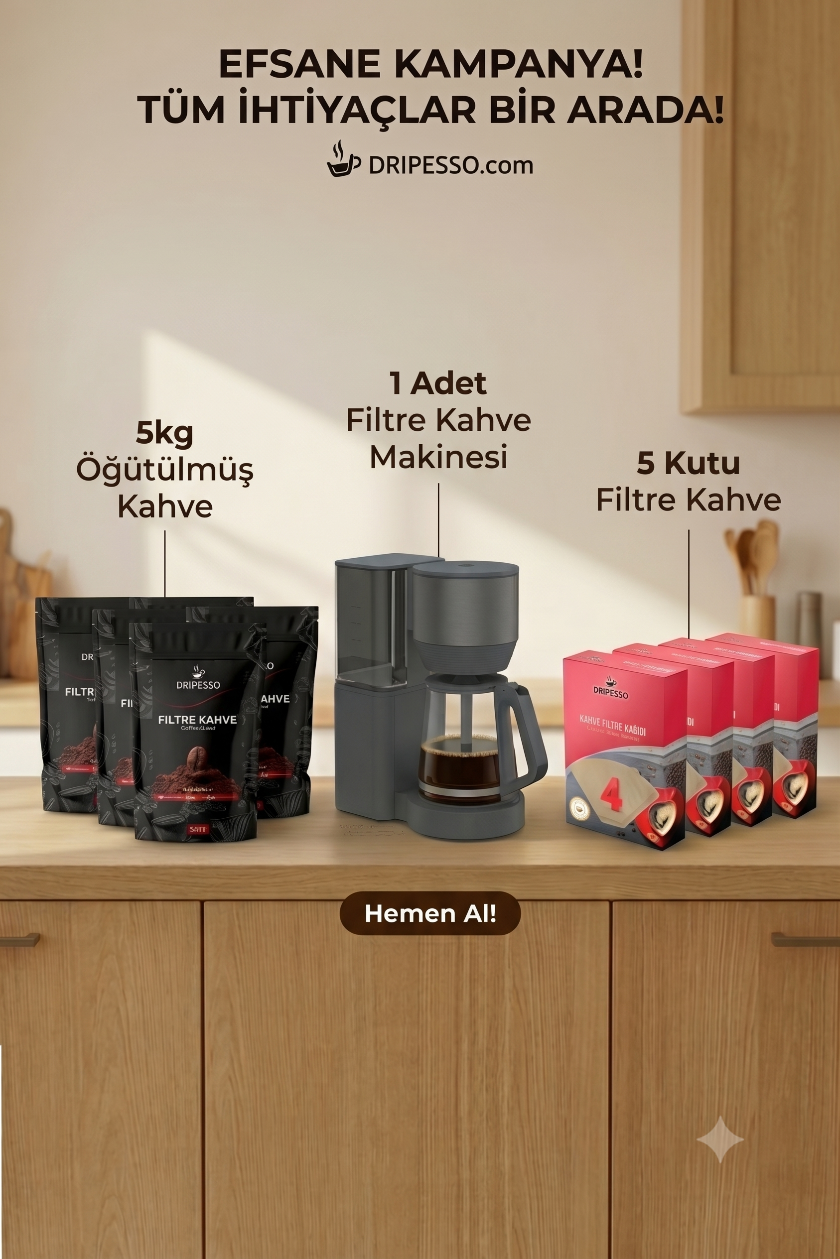 Filtre Kahve Keyfi SetiDripesso Filtre Kahve Seti | 5 KG Kahve + Filtre Kağıdı + Makine Hediyeli Filtre Kahveler