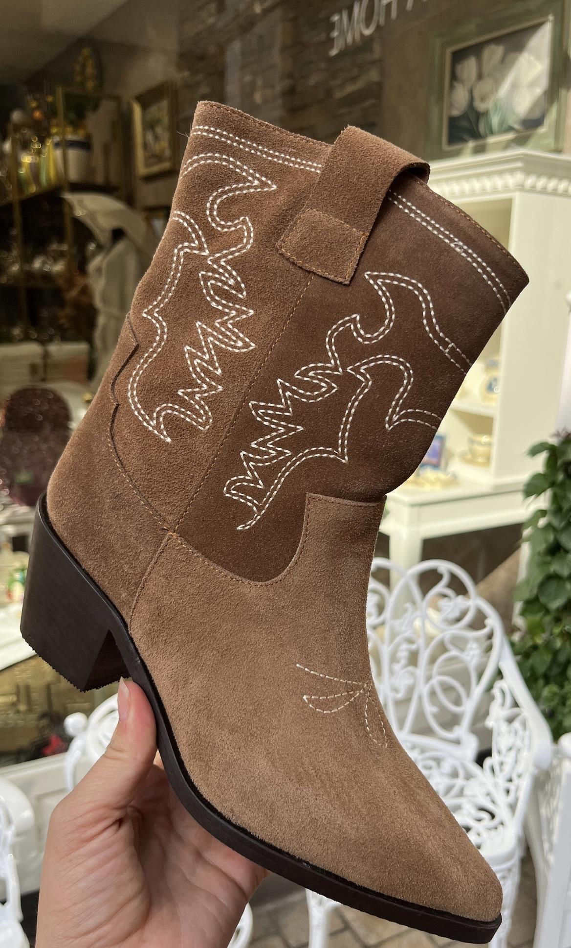 CAMEL NAKIŞLI HAKİKİ SÜET WESTERN BOT