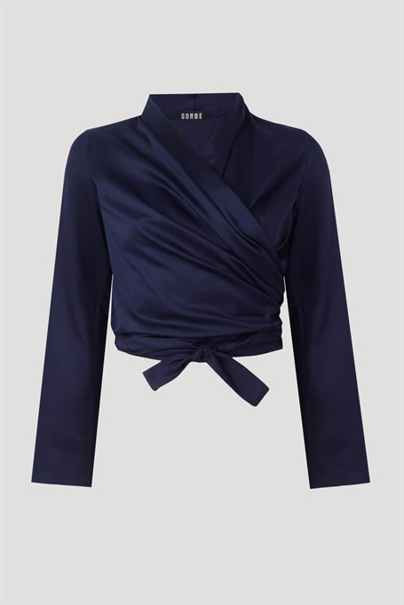 Missguided Navy Long Sleeve Satin Cropped Blouse
