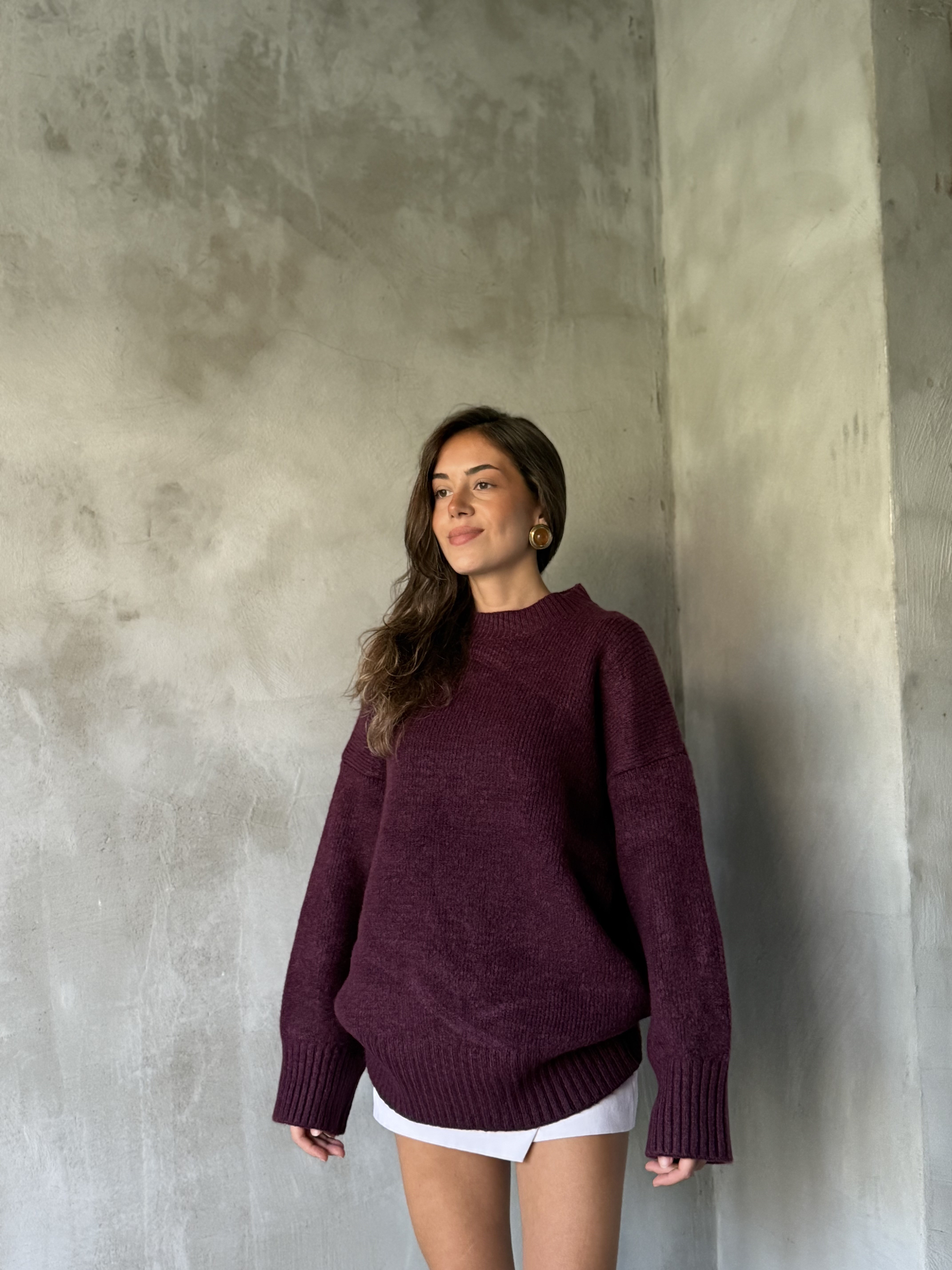  Yün Basic Oversize Bisiklet Yaka Kazak - Mürdüm