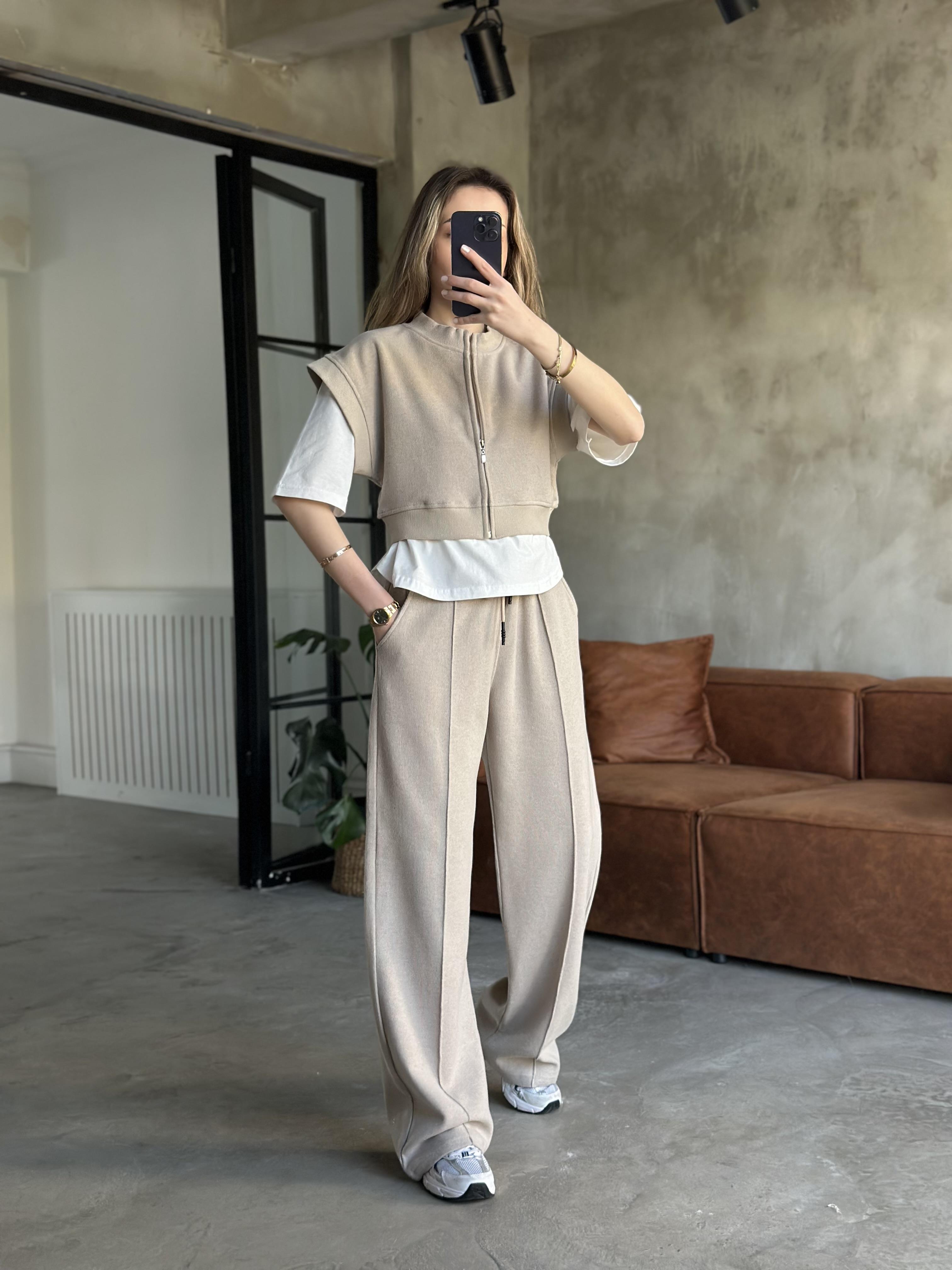 3lü Set Selanik Kumaş Takım - Krem