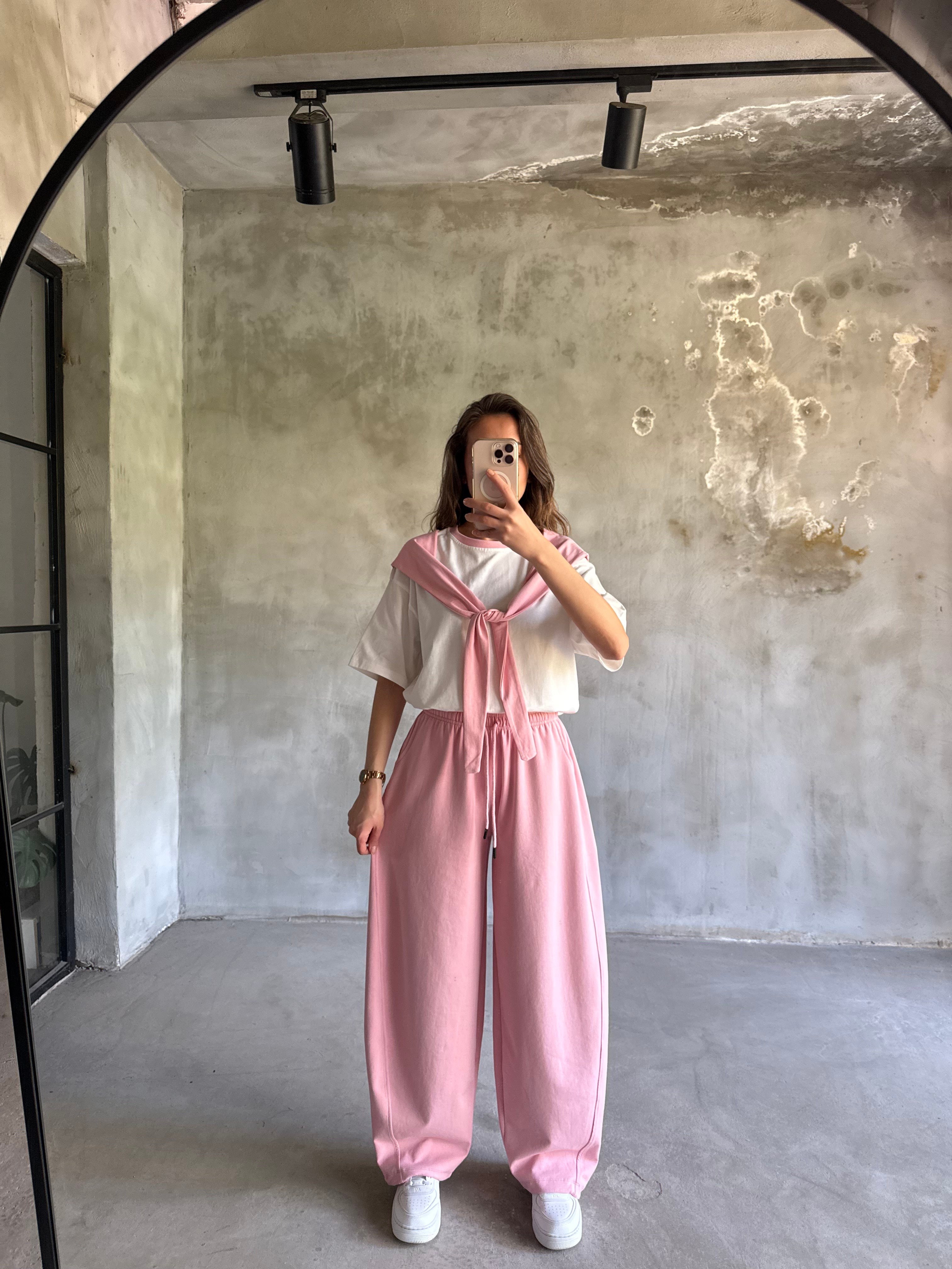 Bağlama Detaylı Oversize Stoperli Takım - Pembe