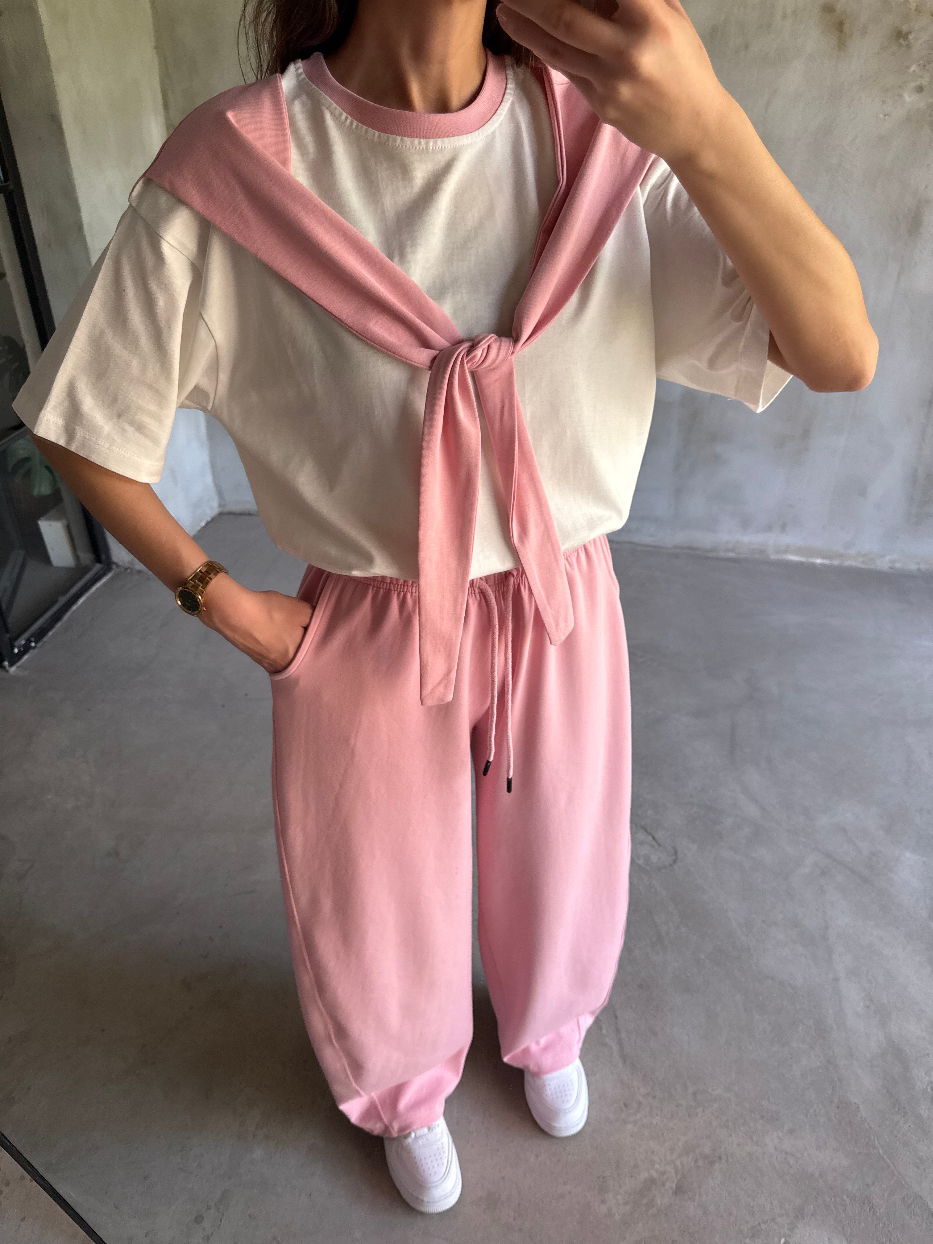 Bağlama Detaylı Oversize Stoperli Takım - Pembe