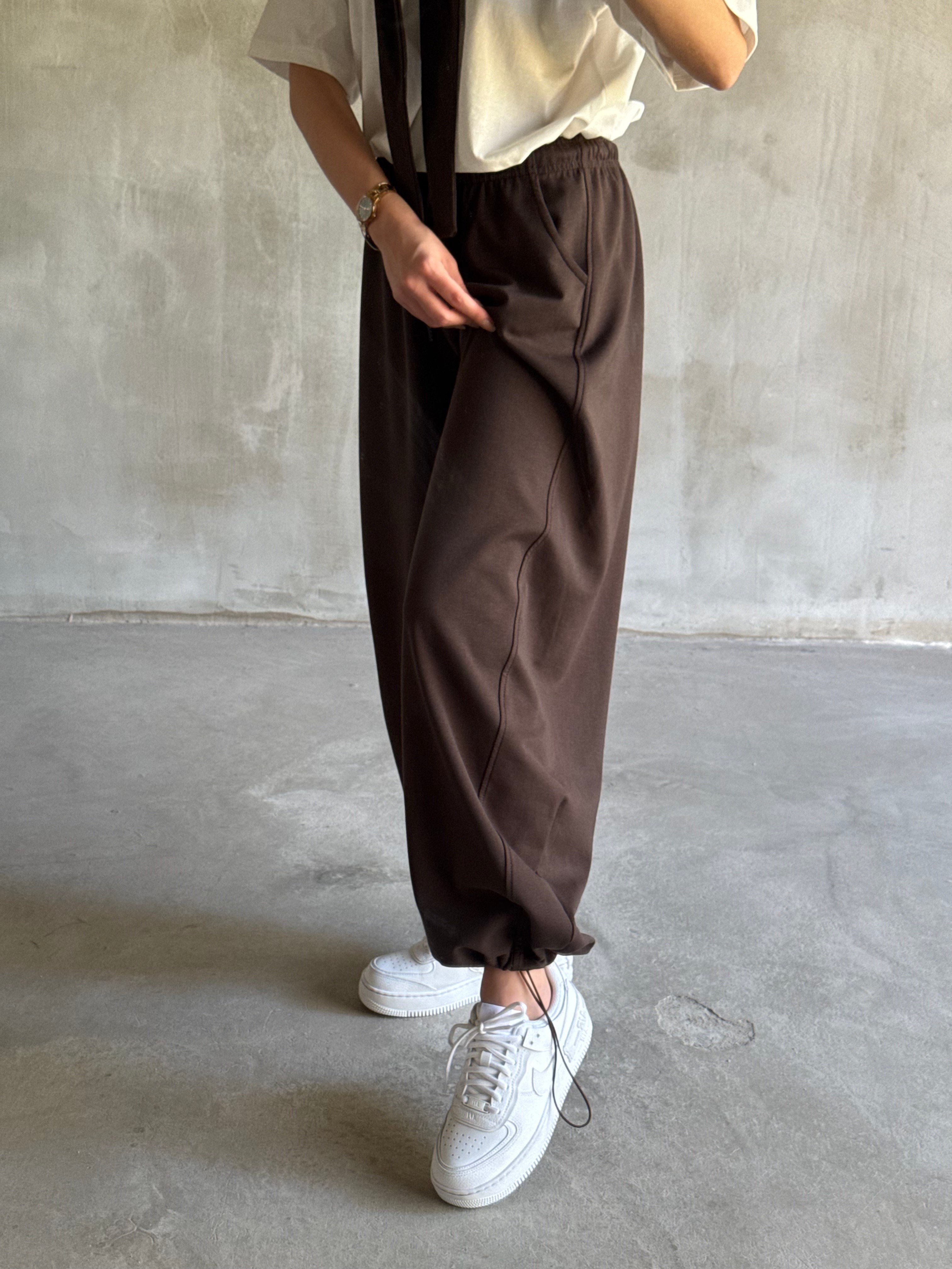 Bağlama Detaylı Oversize Stoperli Takım - Kahverengi
