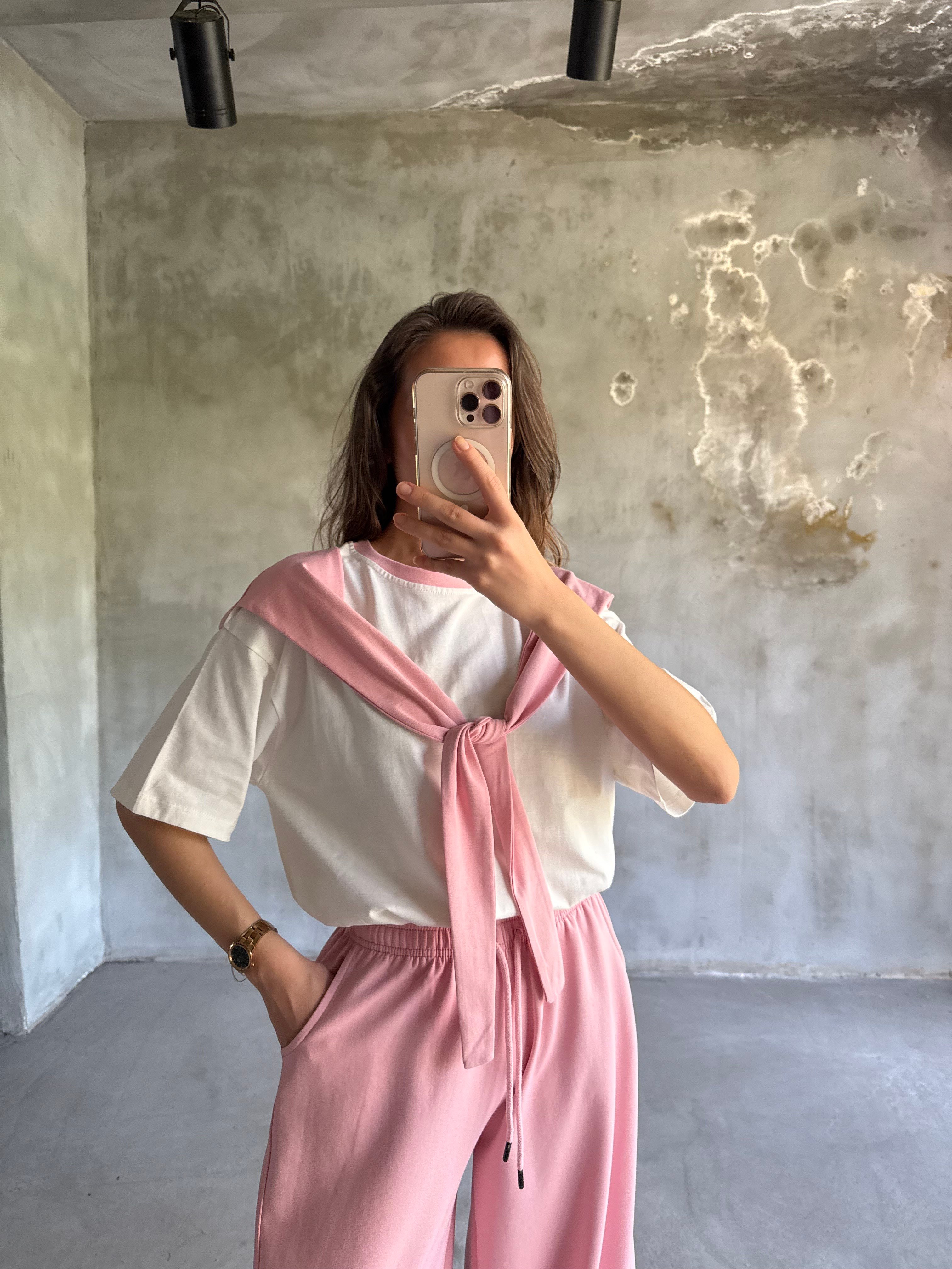 Bağlama Detaylı Oversize Stoperli Takım - Pembe