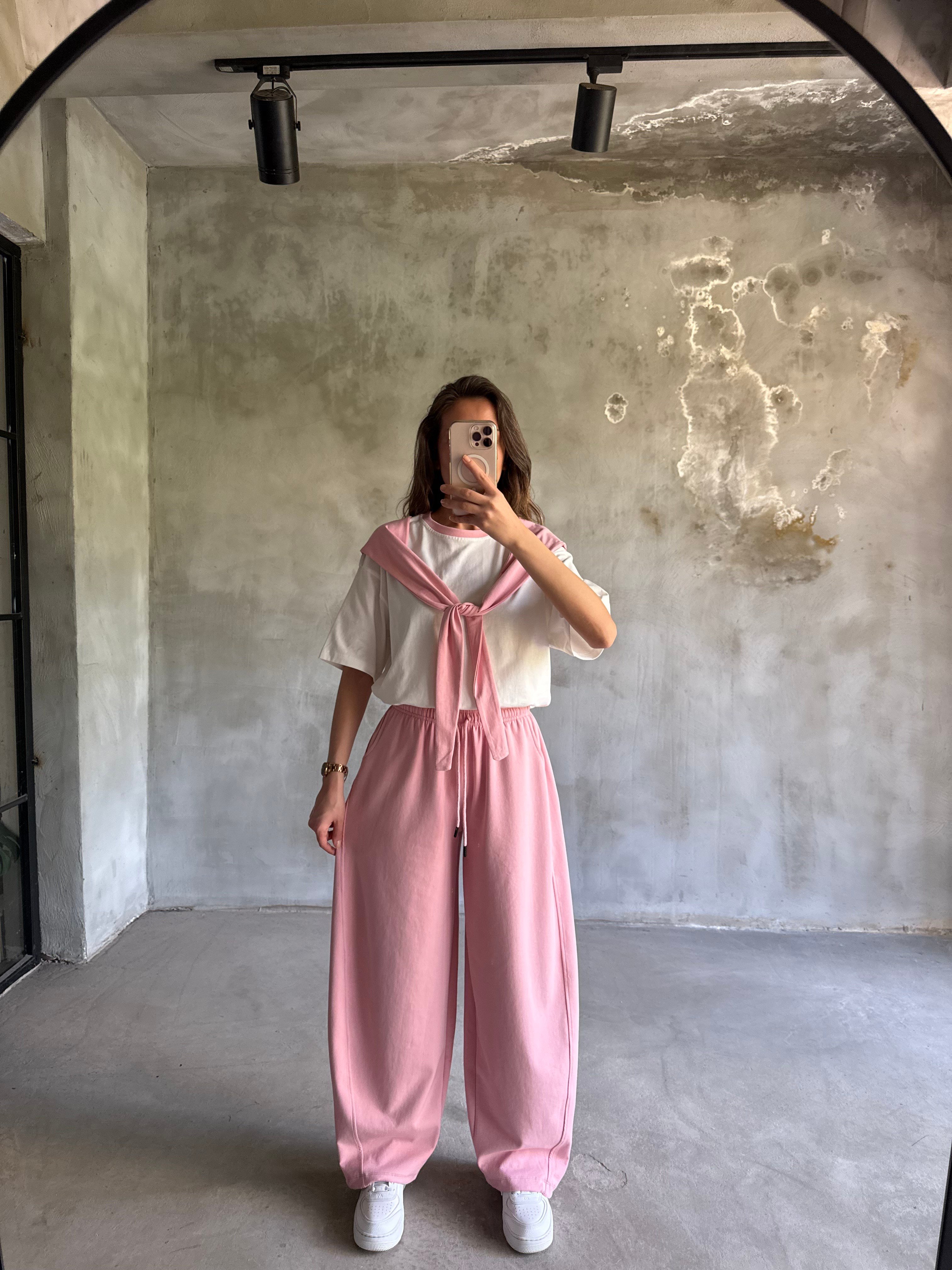 Bağlama Detaylı Oversize Stoperli Takım - Pembe