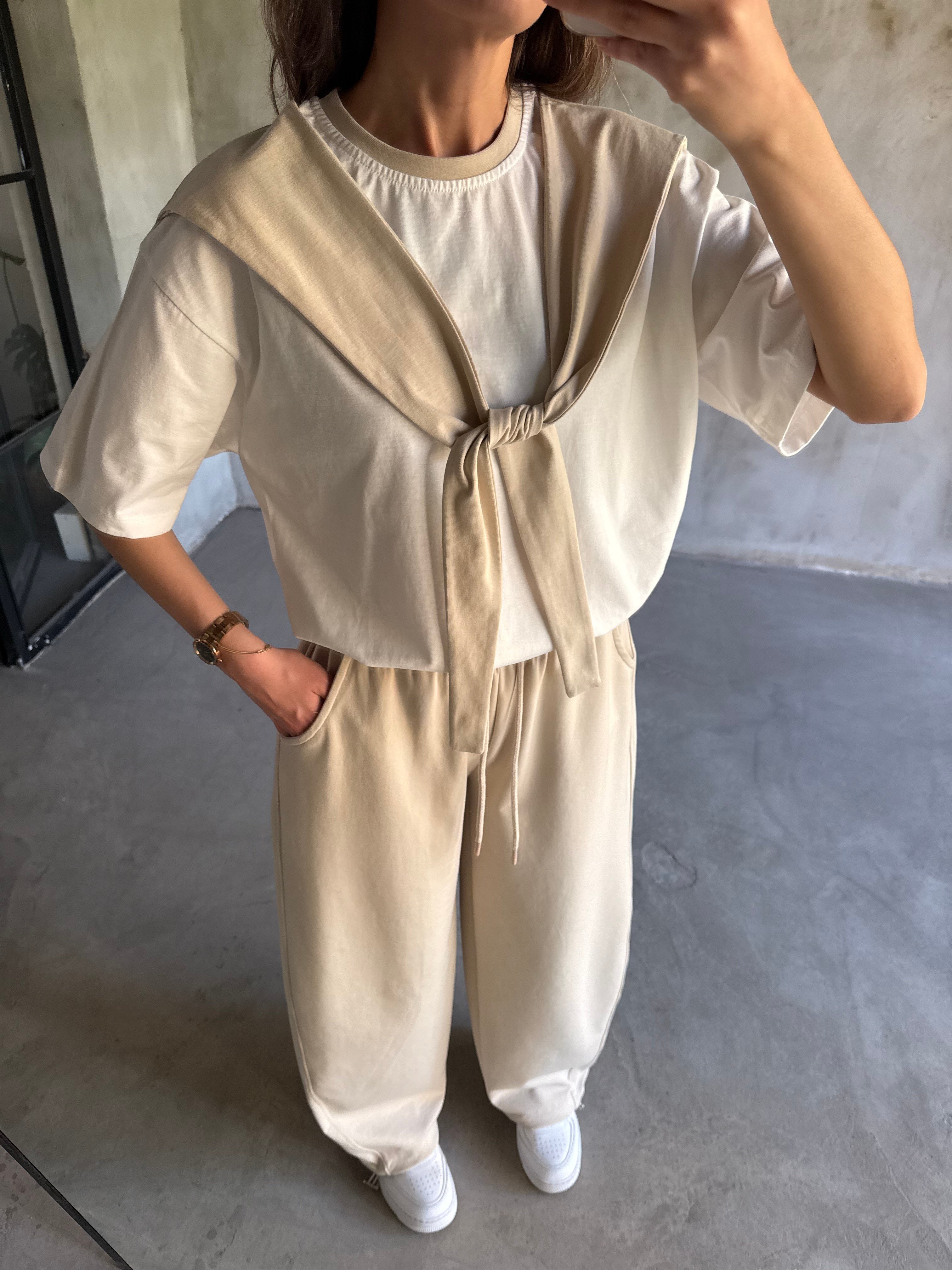 Bağlama Detaylı Oversize Stoperli Takım - Krem