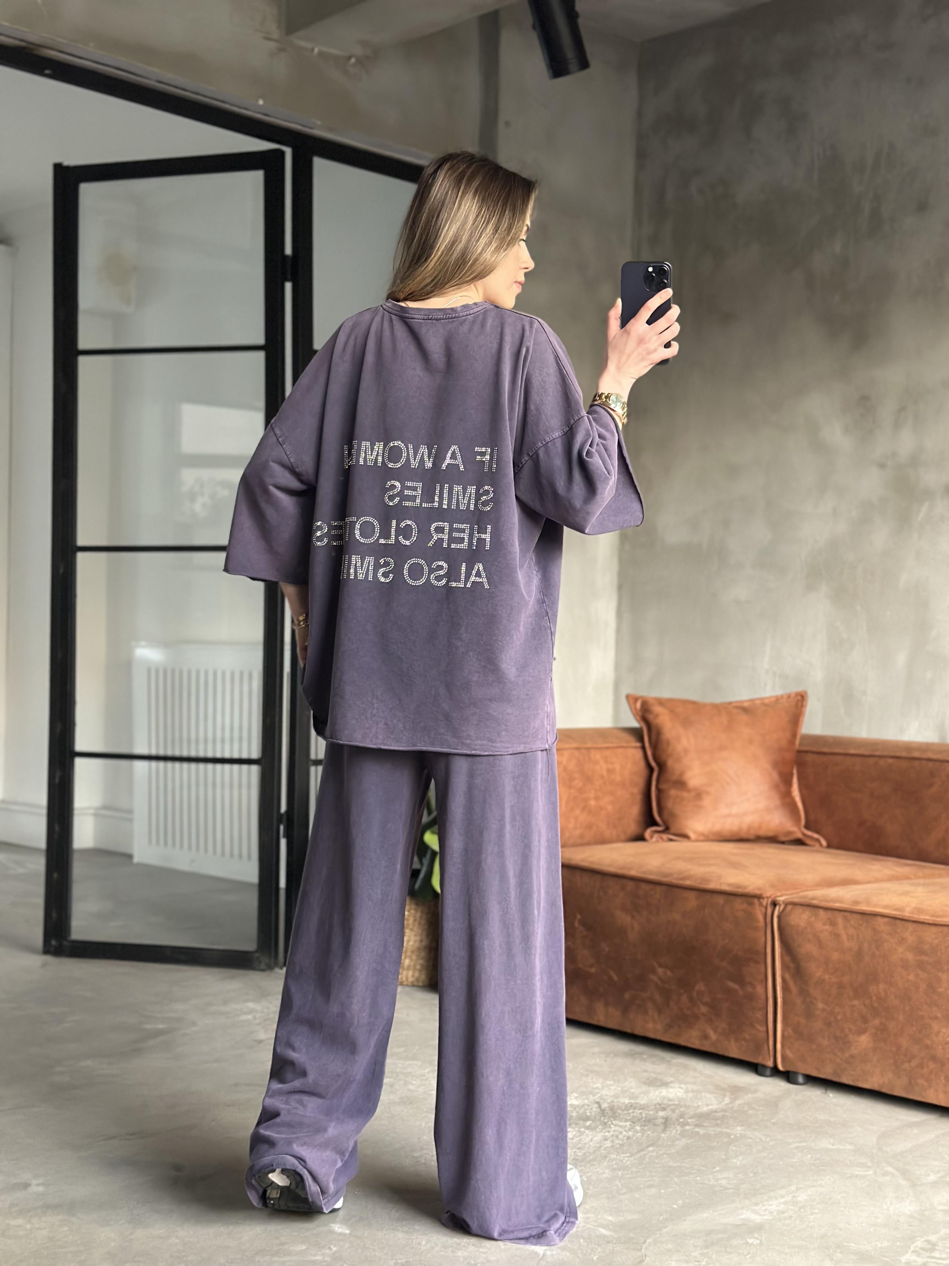 Be Happy Taş Baskı Yıkamalı Oversize Takım - Mor