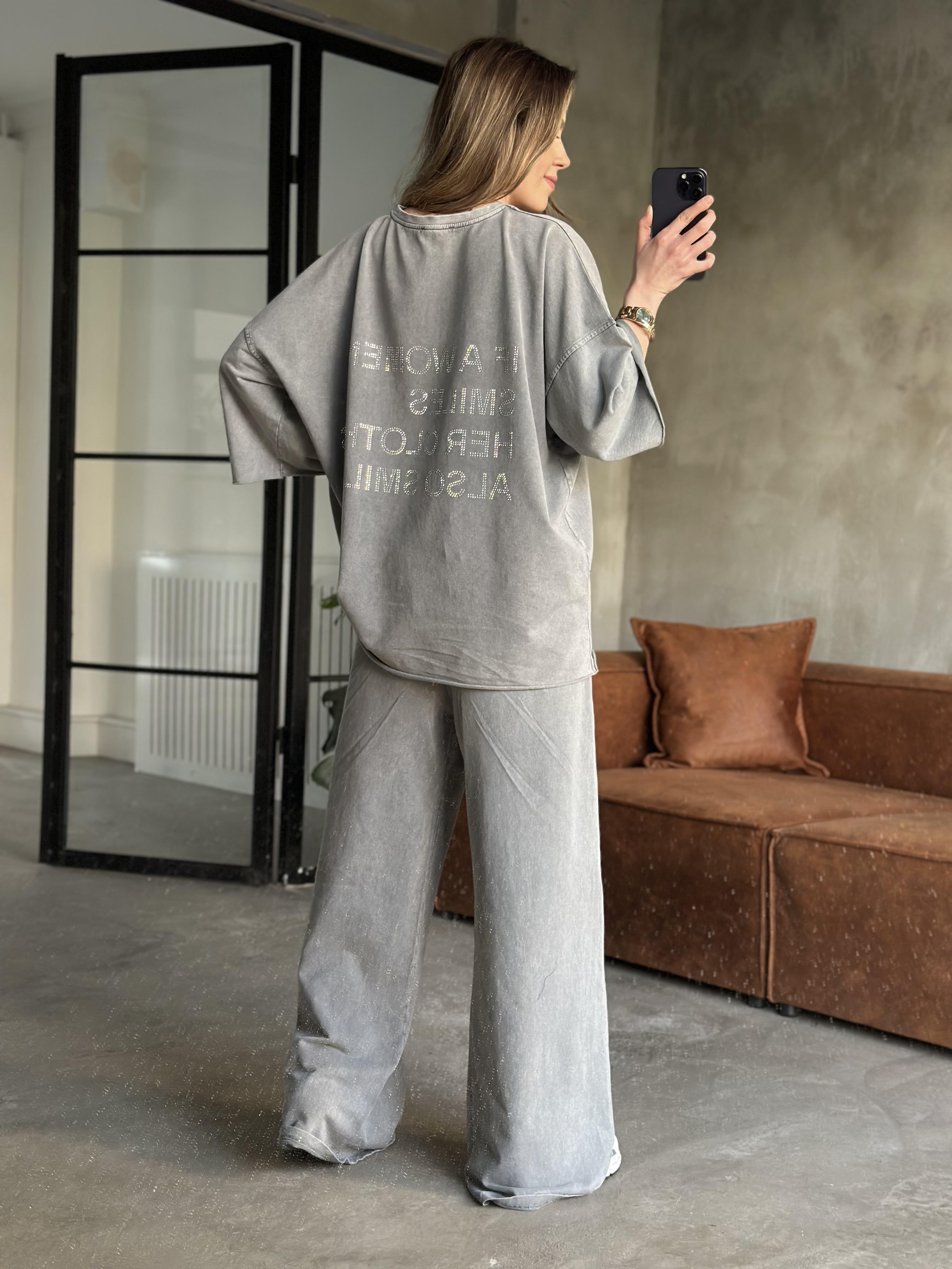 Be Happy Taş Baskı Yıkamalı Oversize Takım - Gri