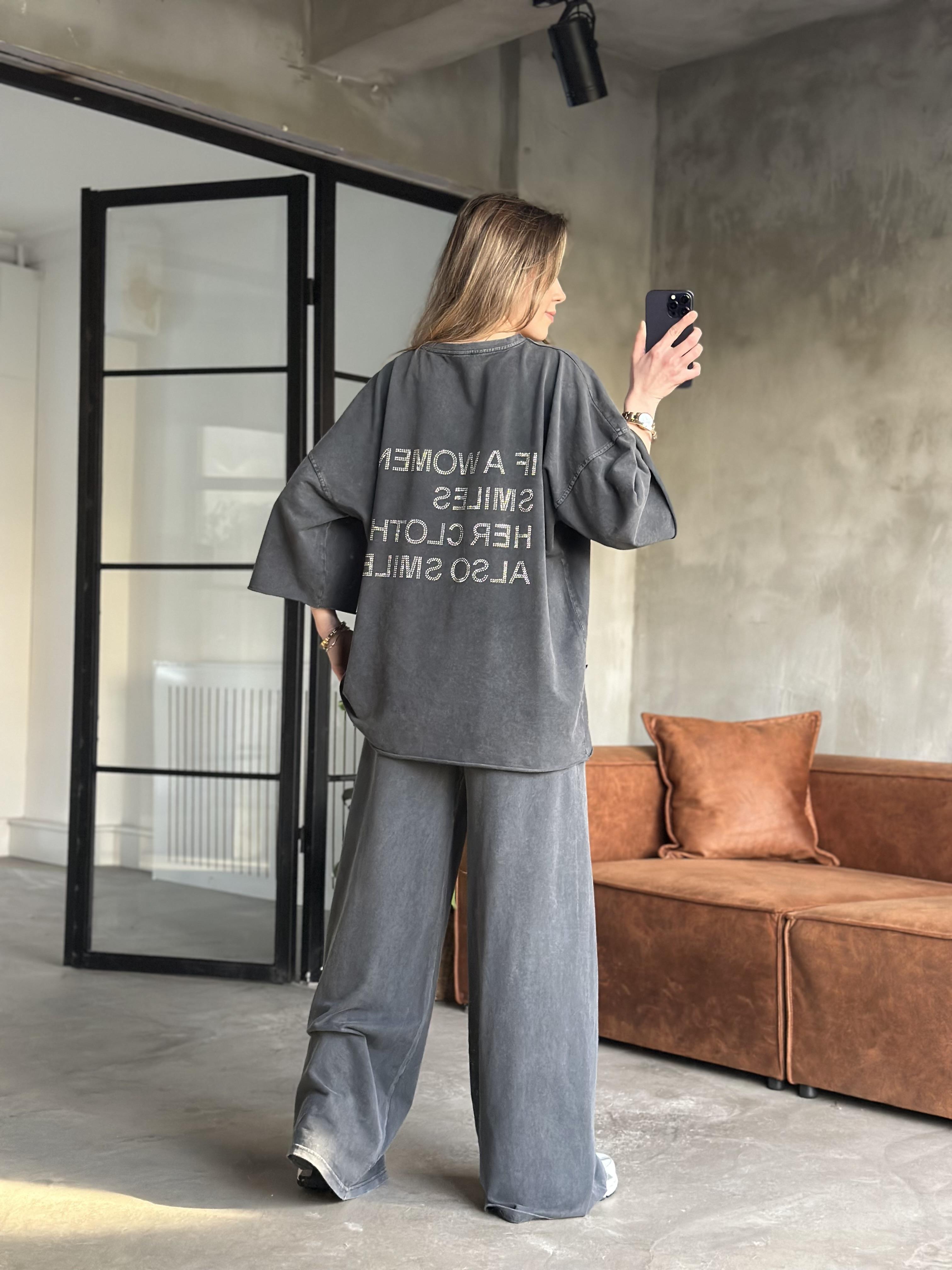 Be Happy Taş Baskı Yıkamalı Oversize Takım - Siyah