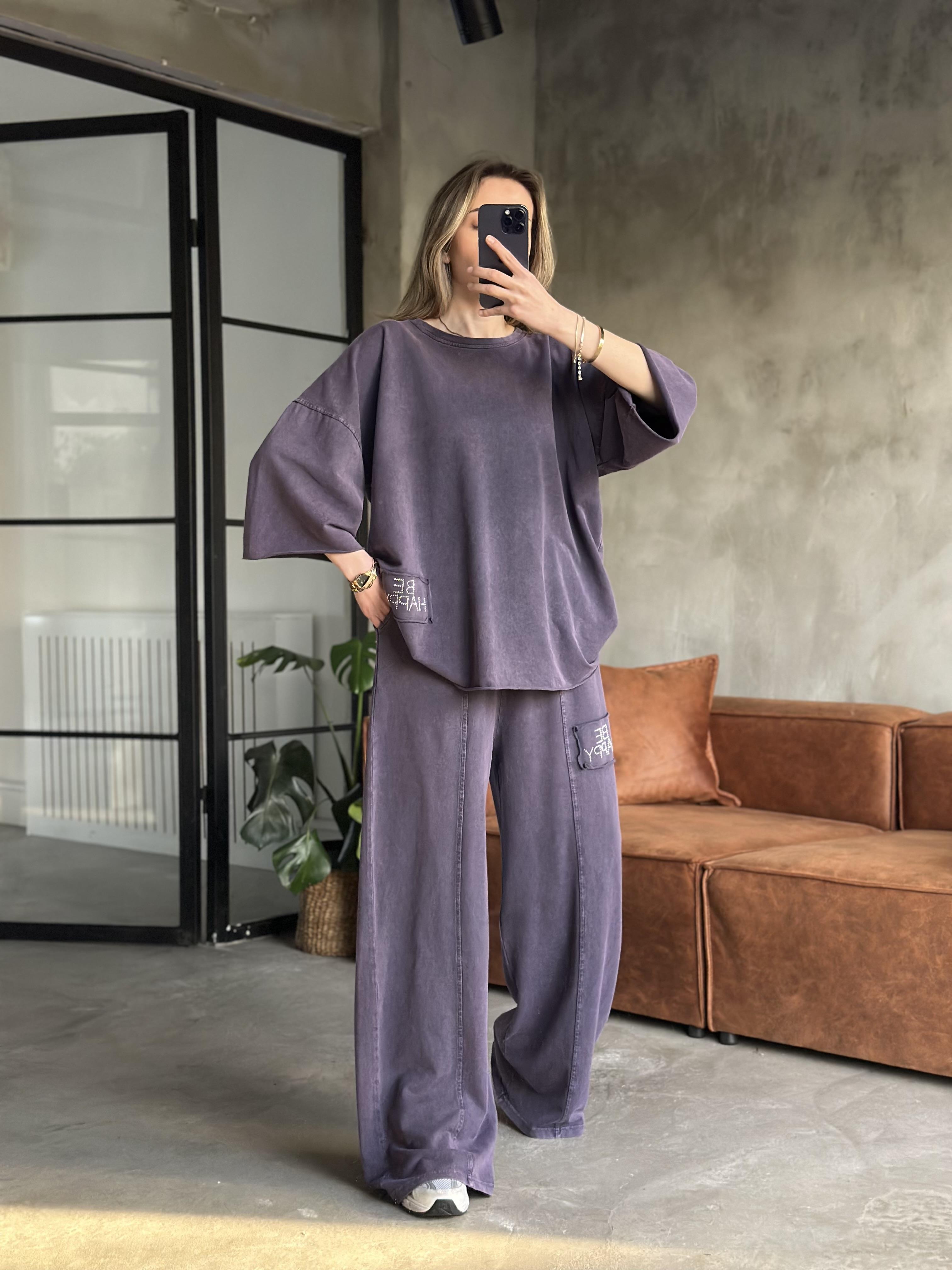 Be Happy Taş Baskı Yıkamalı Oversize Takım - Mor