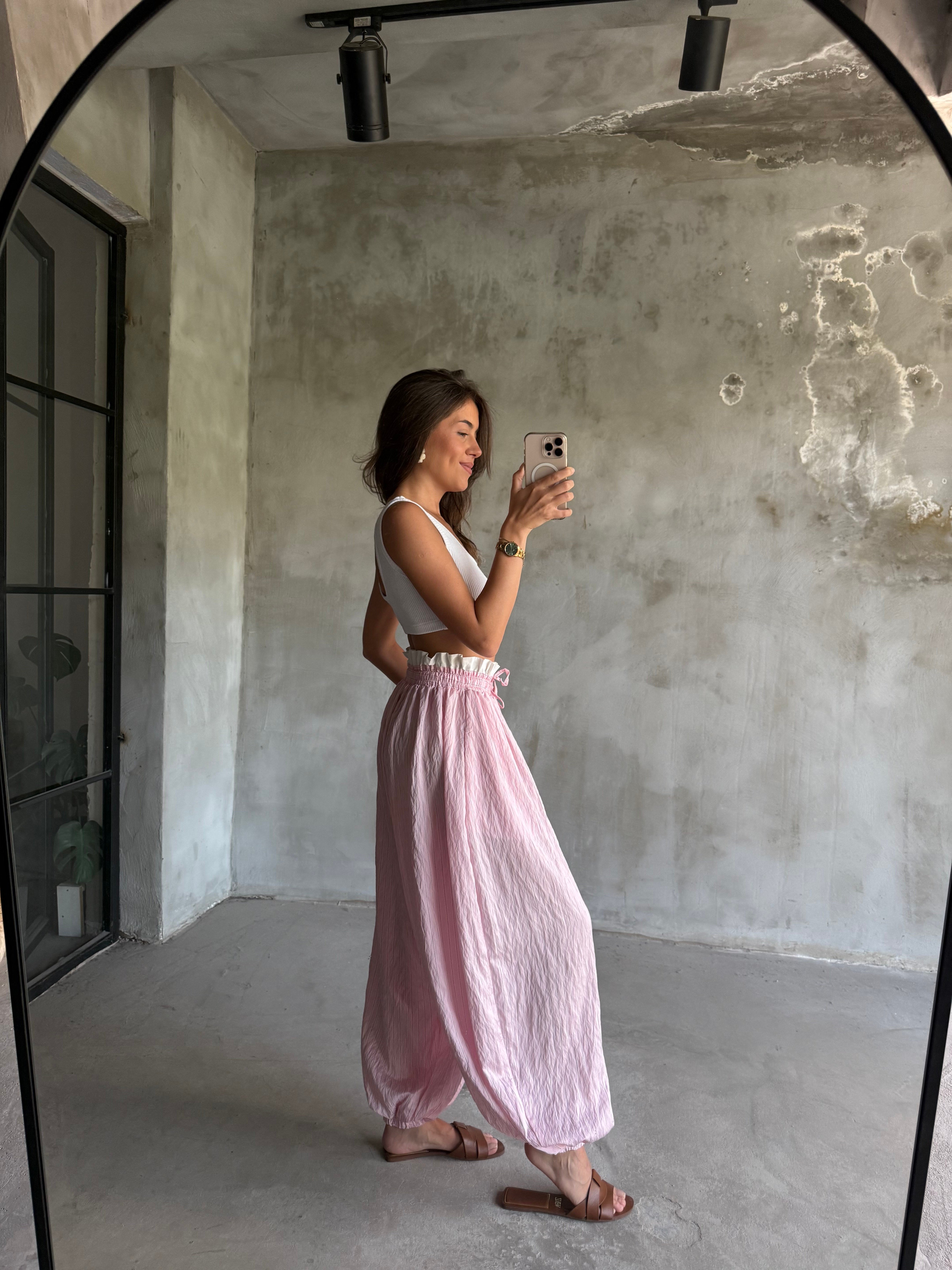 Bel Detay Çizgili Balon Şalvar Pantolon - Pembe