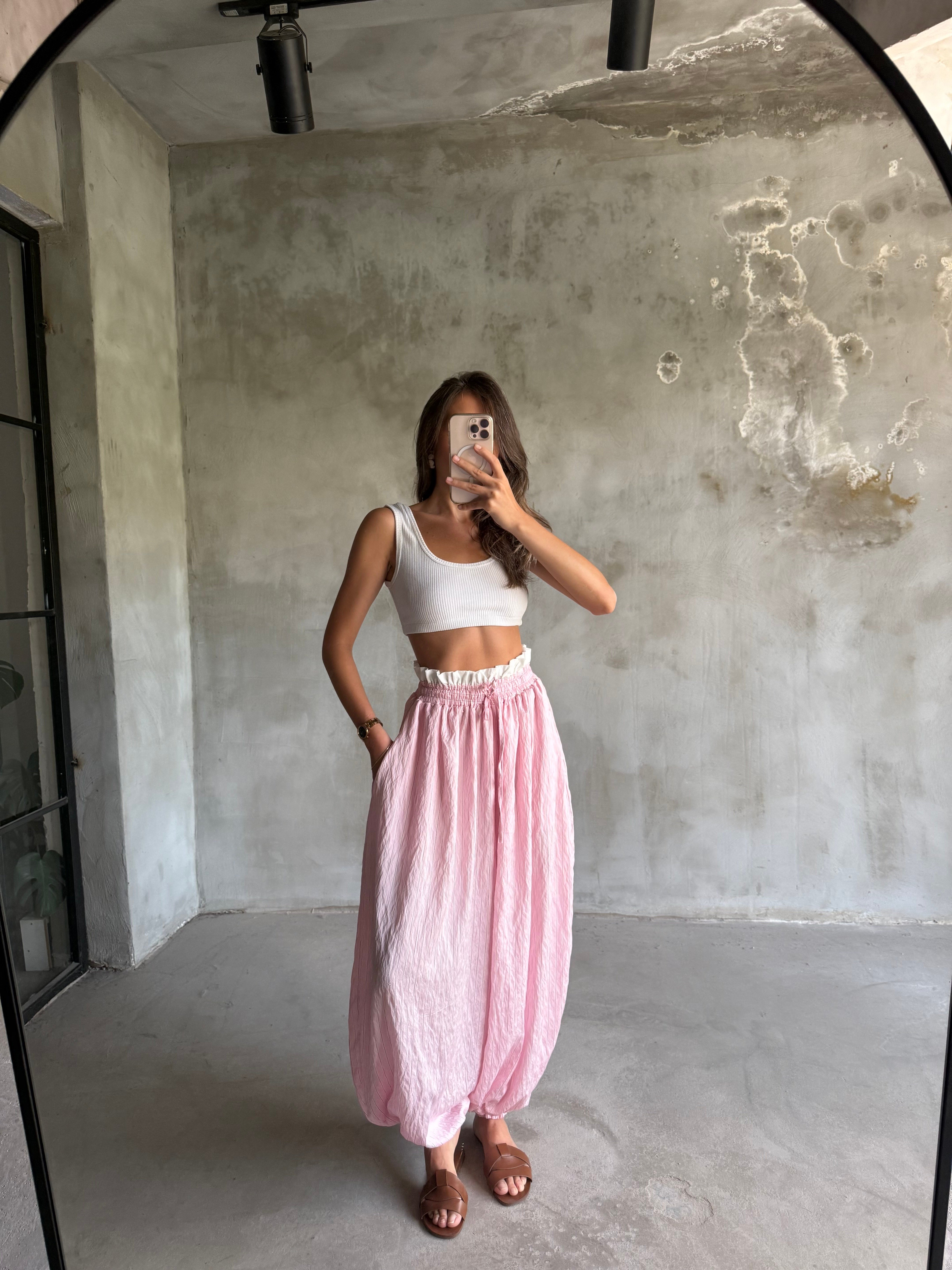 Bel Detay Çizgili Balon Şalvar Pantolon - Pembe
