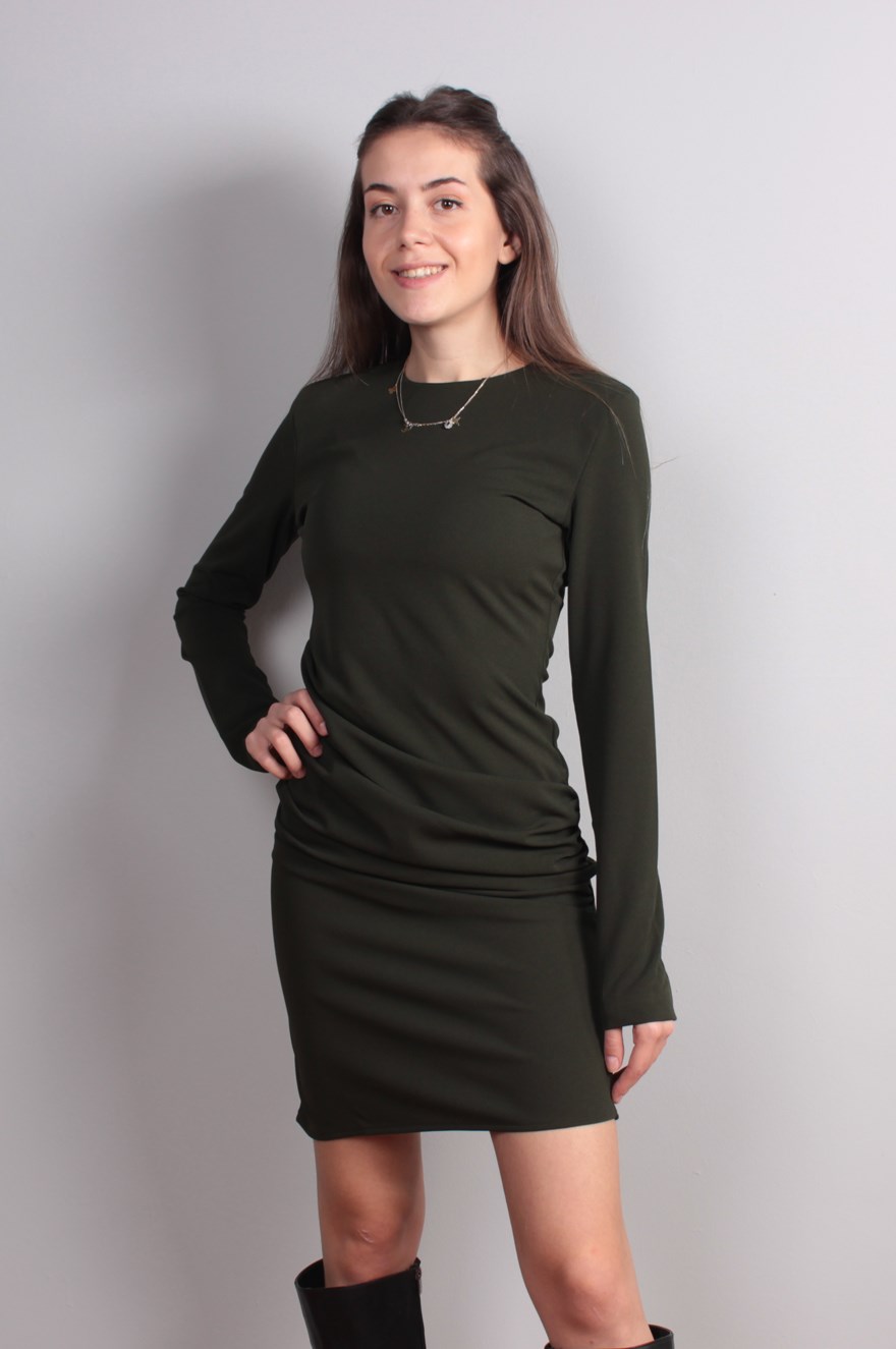 Bel Detaylı Uzun Kollu Elbise - Haki