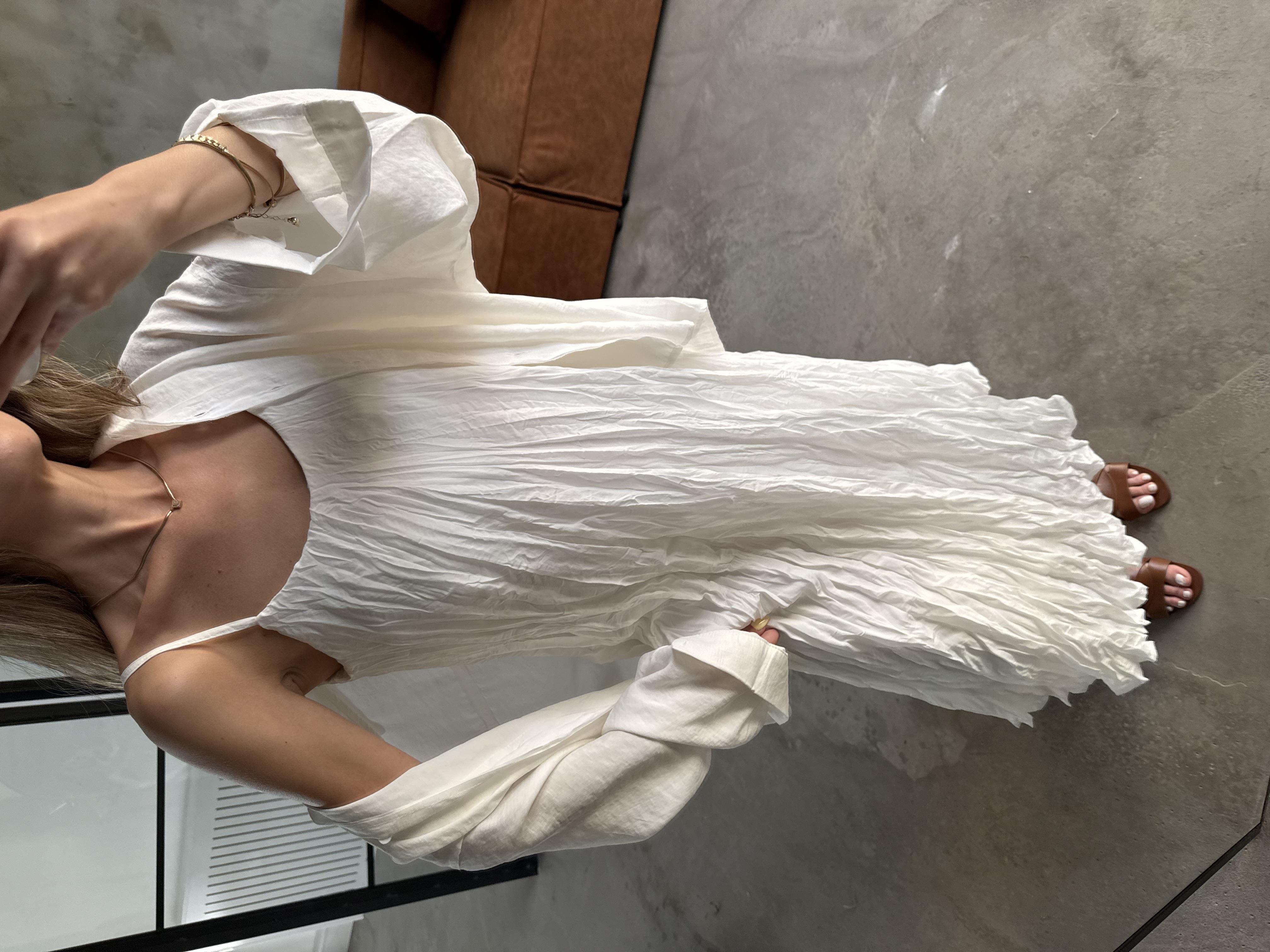 Beyaz Premium Kırışık Elbise Oversize Gömlek Takım