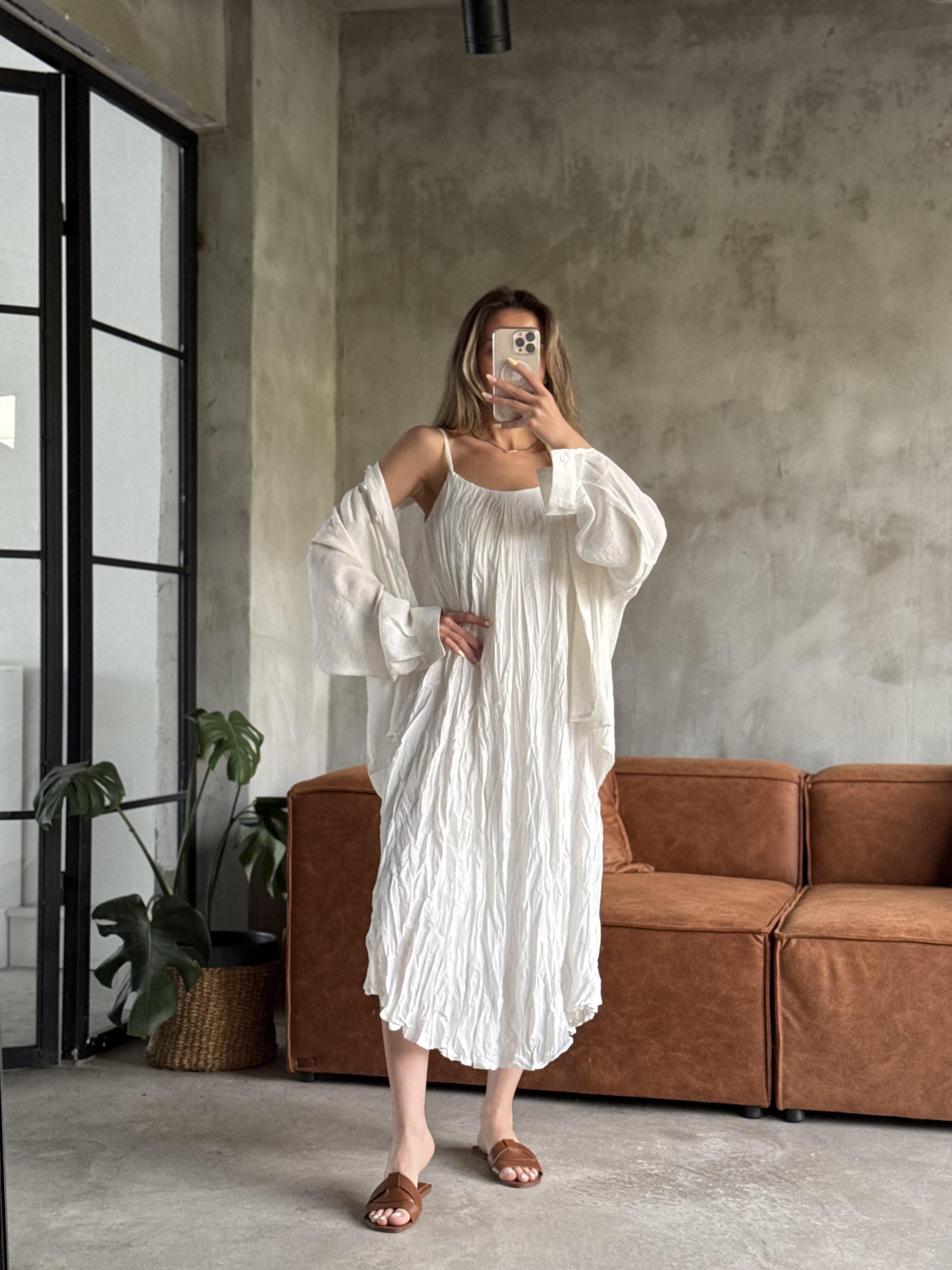 Beyaz Premium Kırışık Elbise Oversize Gömlek Takım