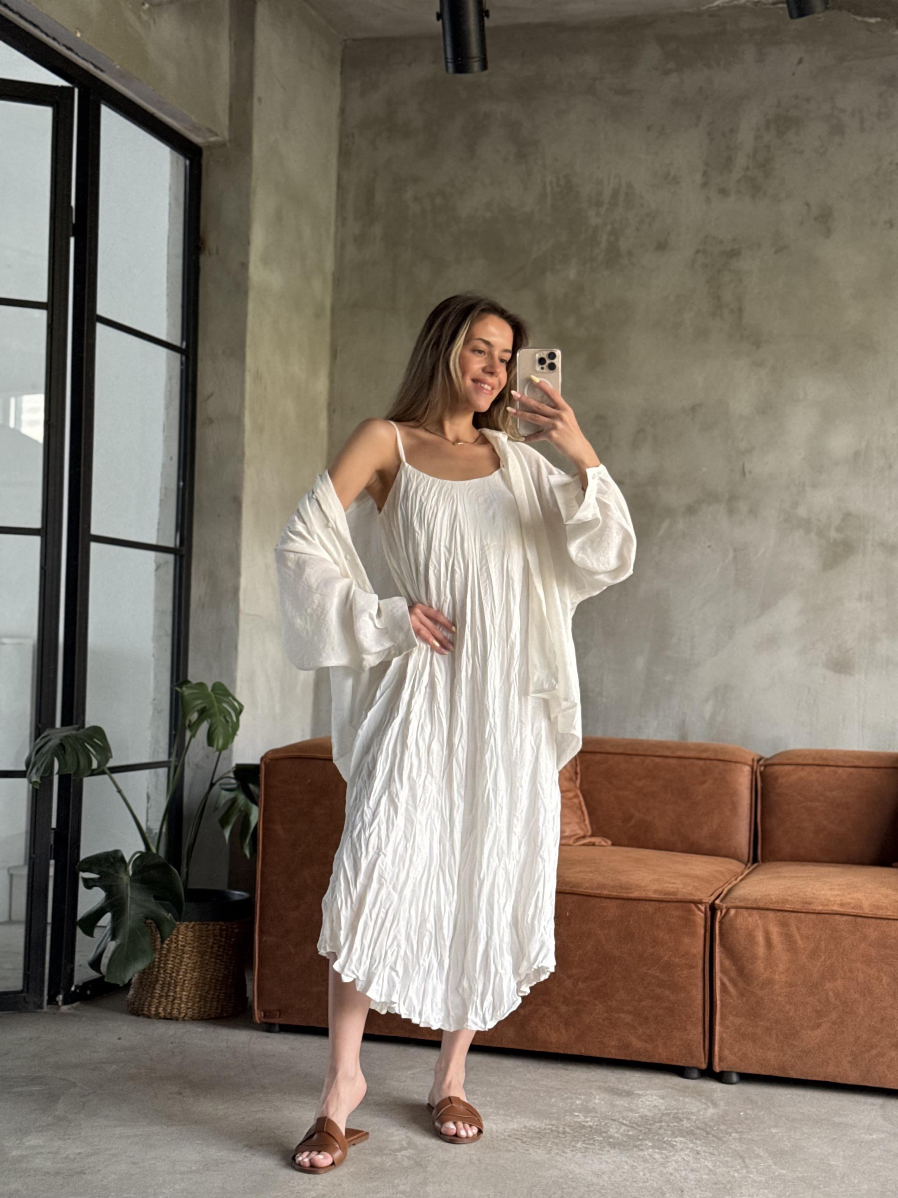 Beyaz Premium Kırışık Elbise Oversize Gömlek Takım