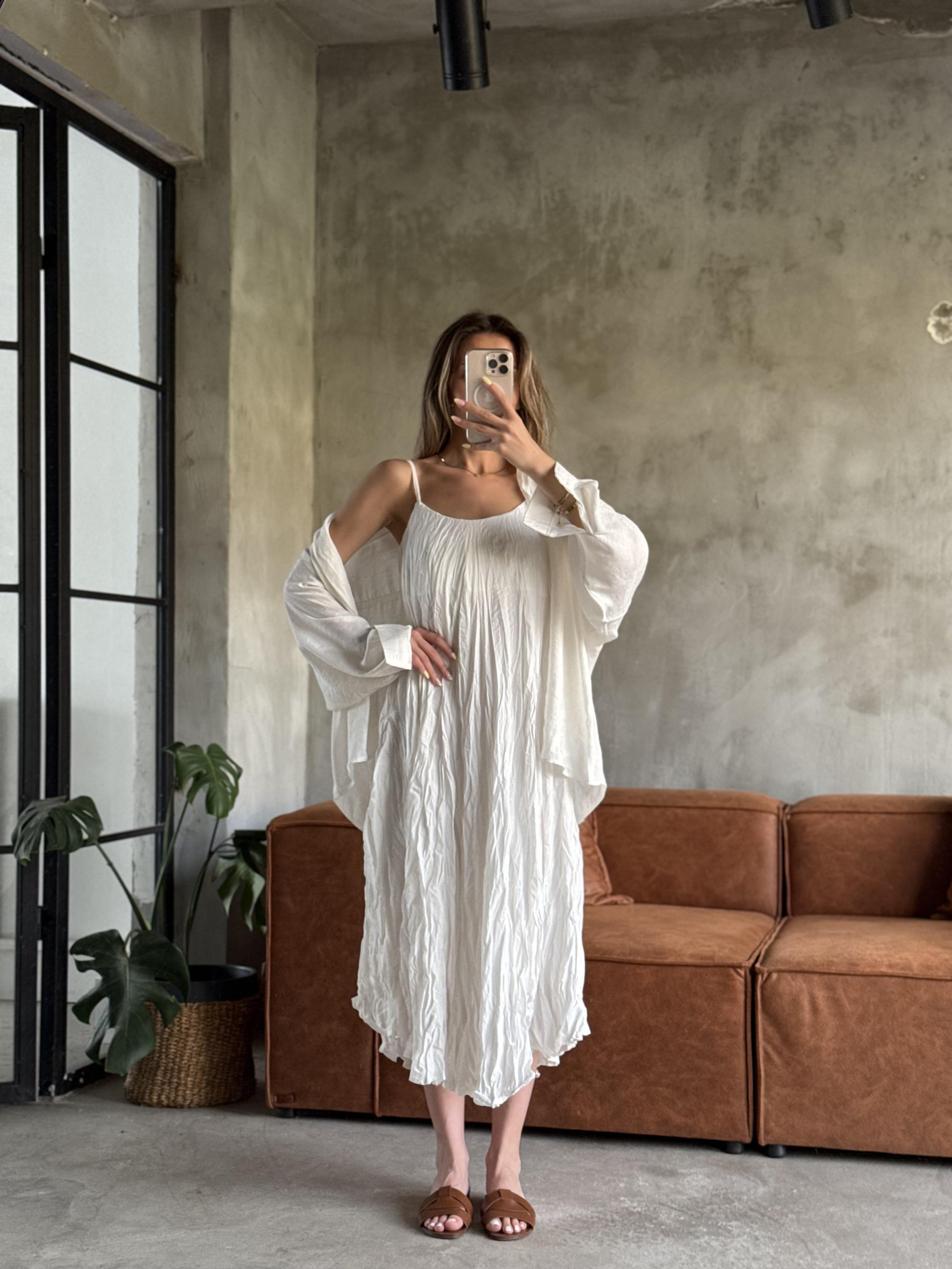 Beyaz Premium Kırışık Elbise Oversize Gömlek Takım