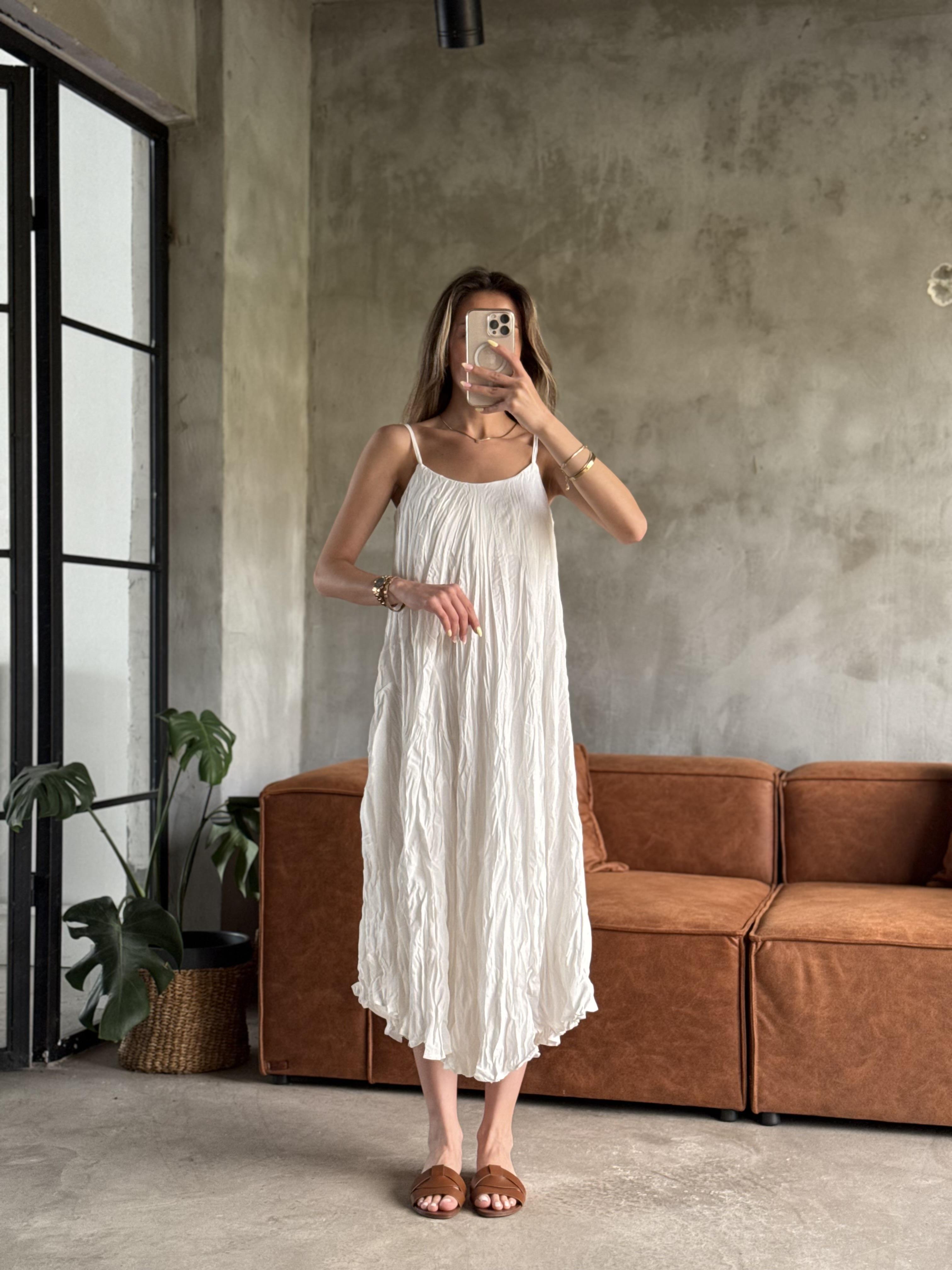 Beyaz Premium Kırışık Elbise Oversize Gömlek Takım
