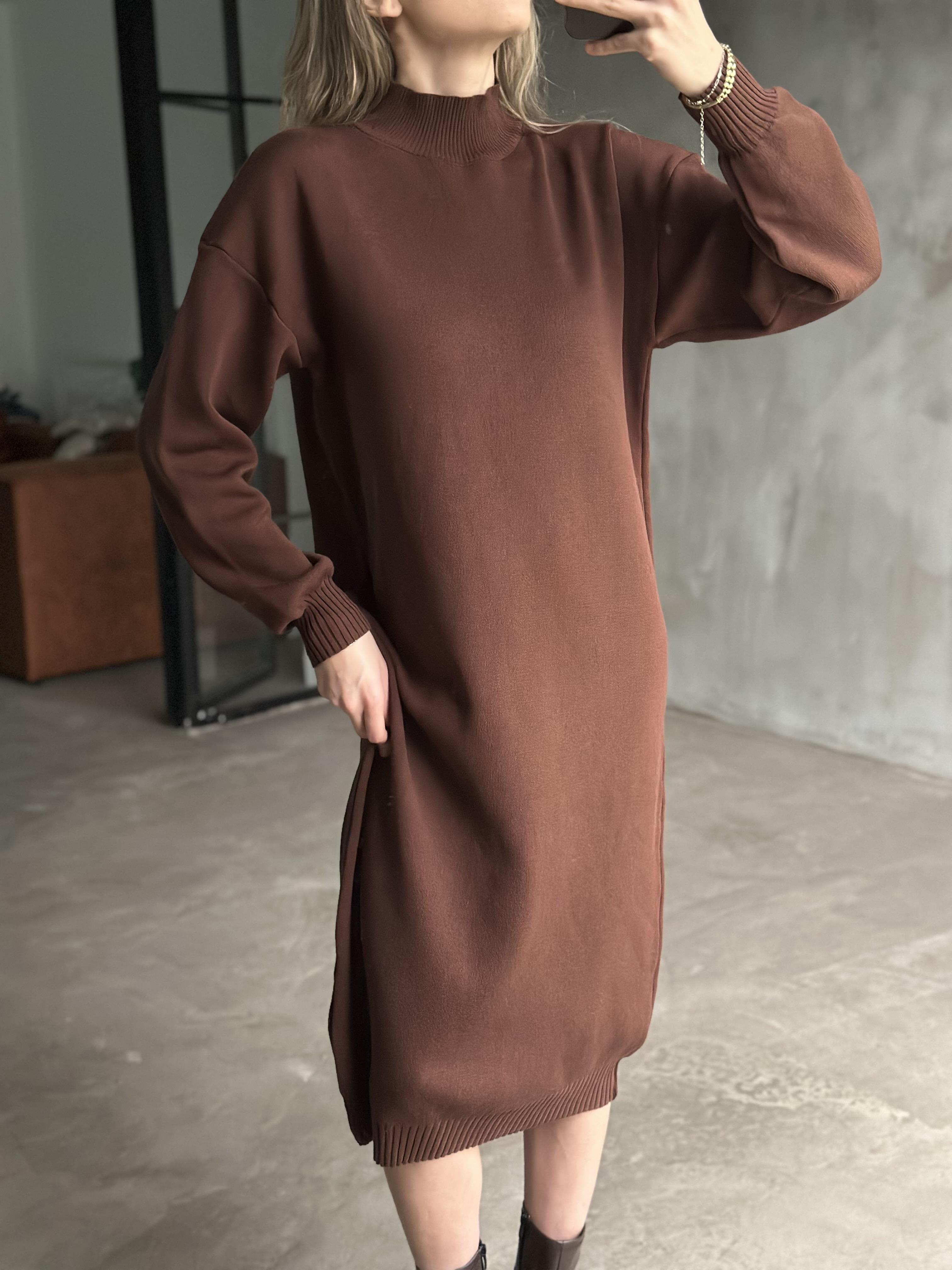 Boğazlı Tunik Elbise - Acı kahve