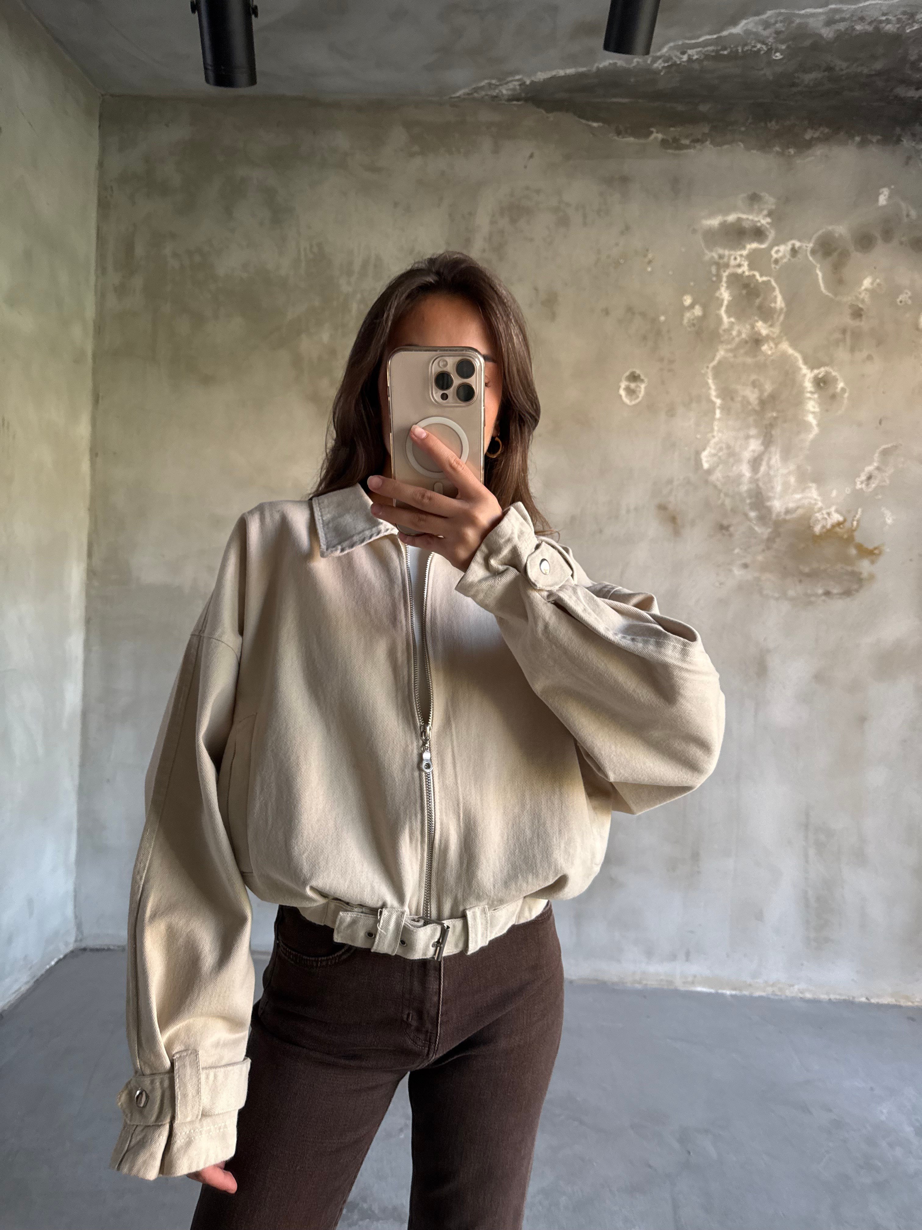 Bomber Gabardin Kot Ceket - Krem