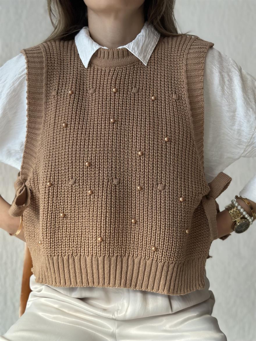 Boncuklu Yandan Bağlamalı Süveter- Camel