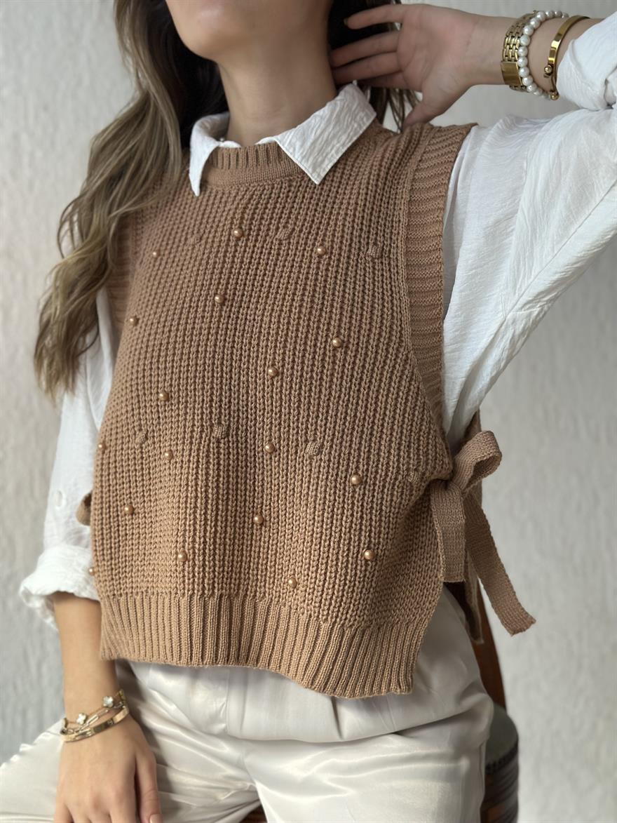 Boncuklu Yandan Bağlamalı Süveter- Camel