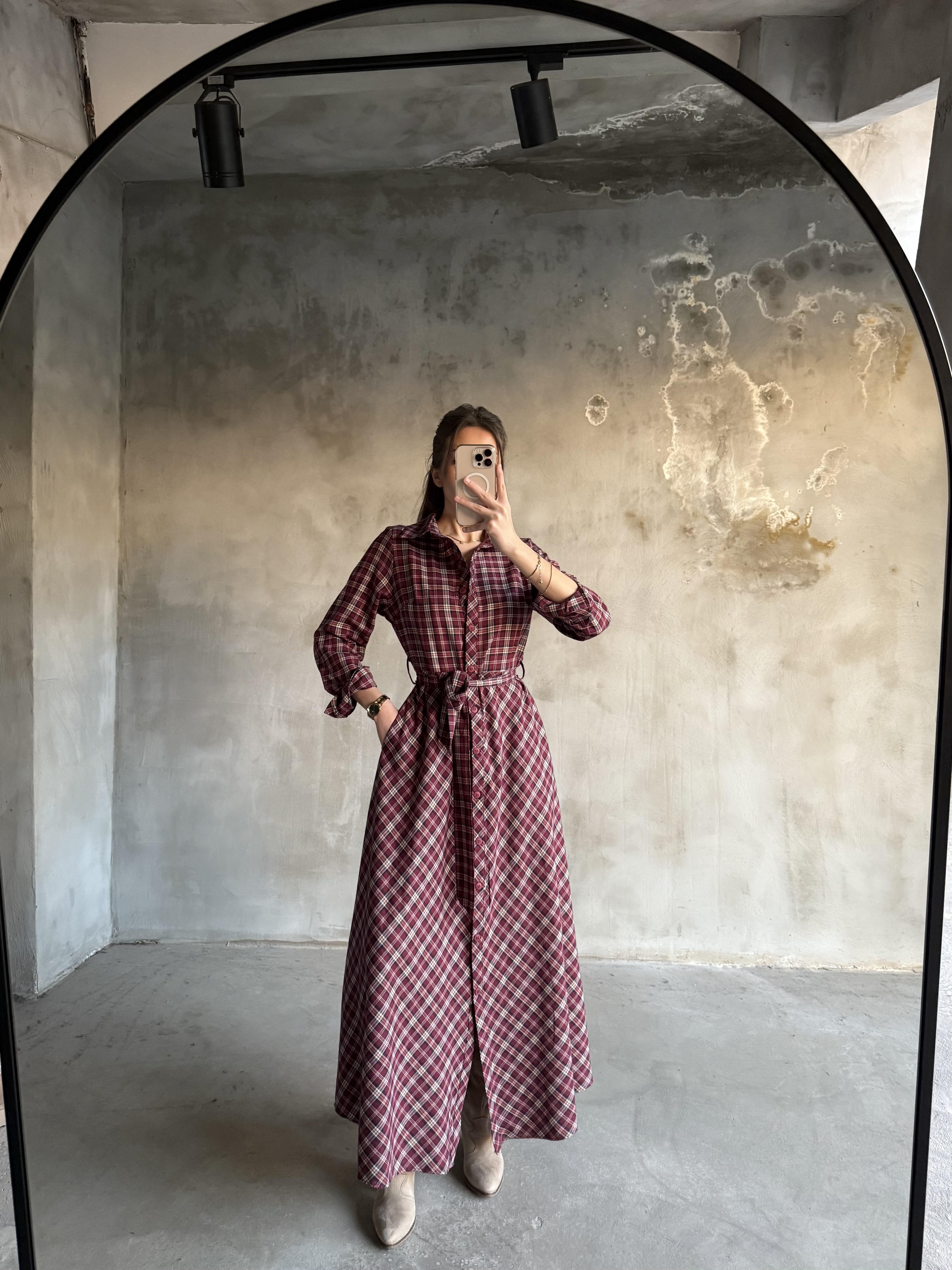 Bordo Ekose Oduncu Gömlek Elbise
