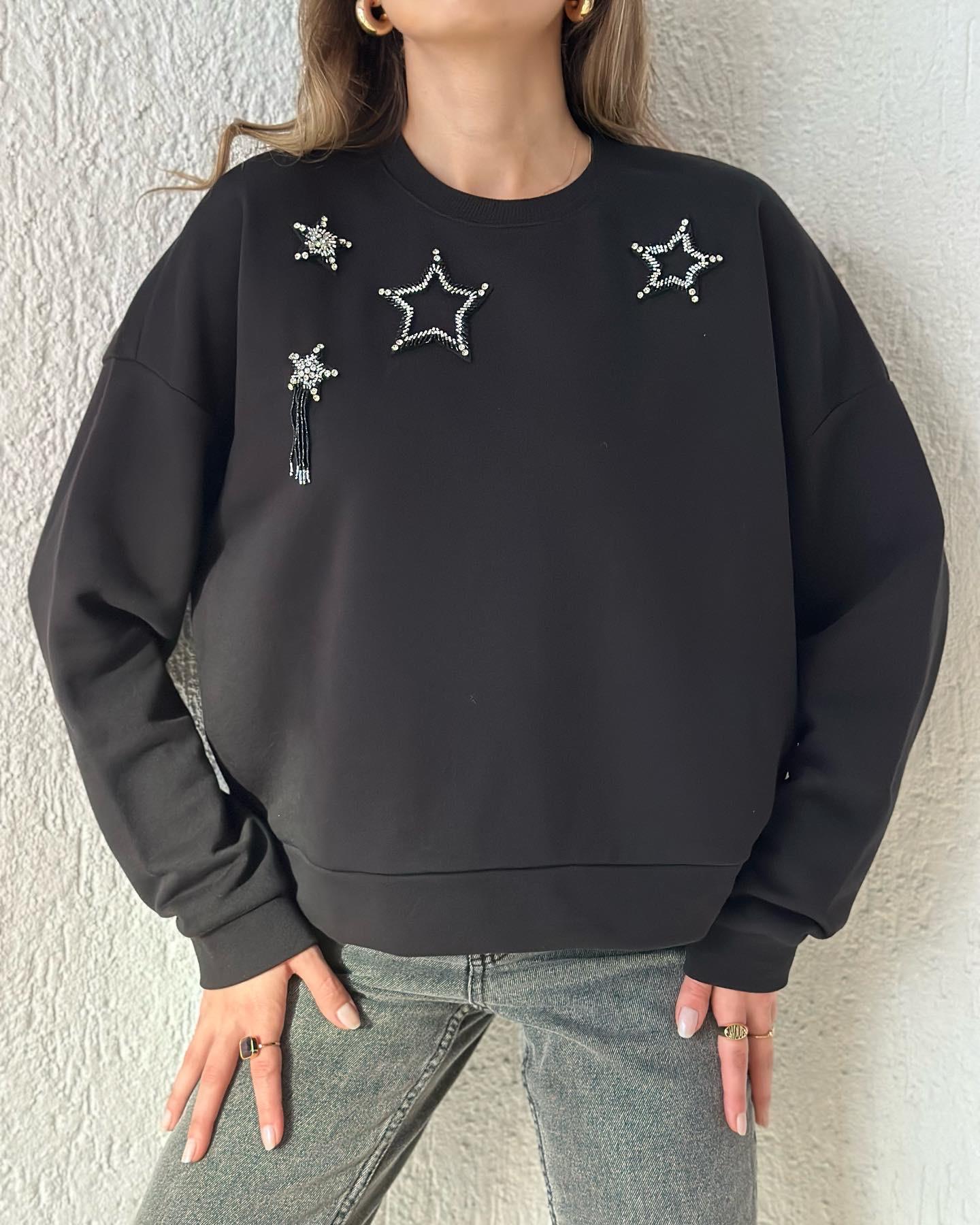 BYM Club Taşlı Sweatshirt - Siyah
