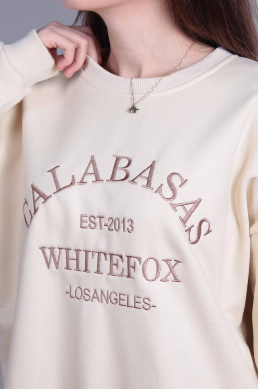 Calabasas Nakışlı Bej Oversize Sweatshirt 