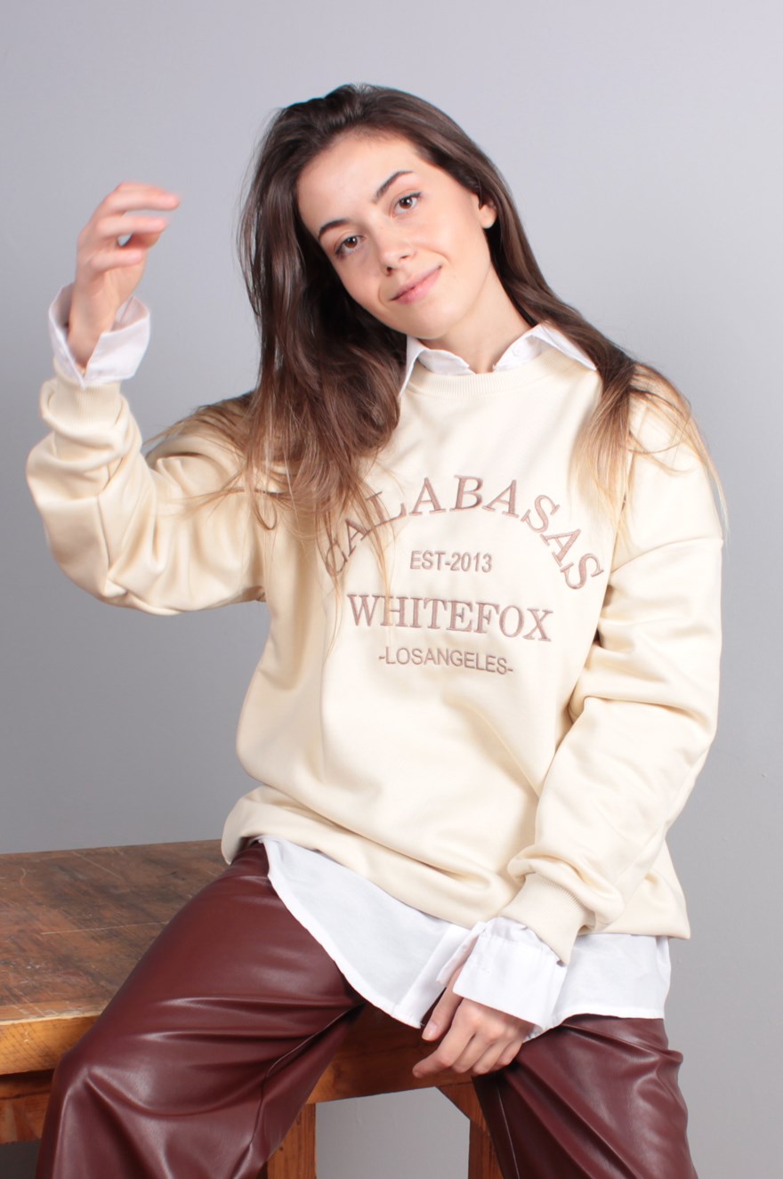 Calabasas Nakışlı Bej Oversize Sweatshirt 
