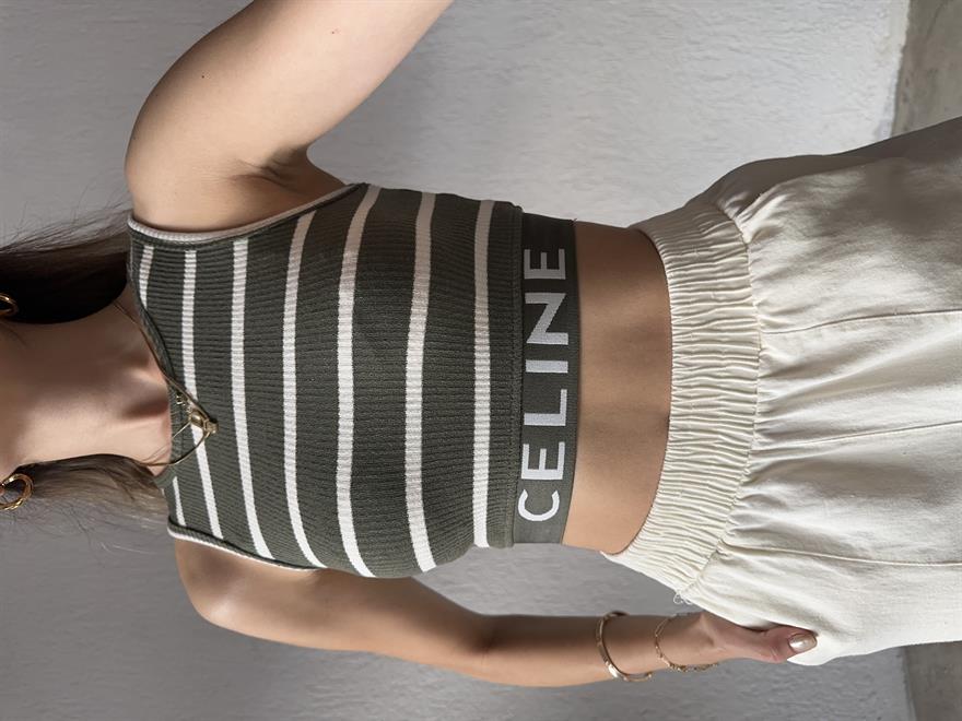 Celine Çizgili Lastik Detay Crop - Haki