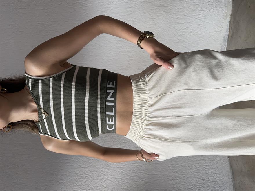 Celine Çizgili Lastik Detay Crop - Haki