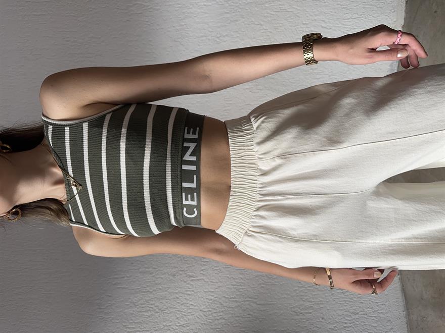 Celine Çizgili Lastik Detay Crop - Haki