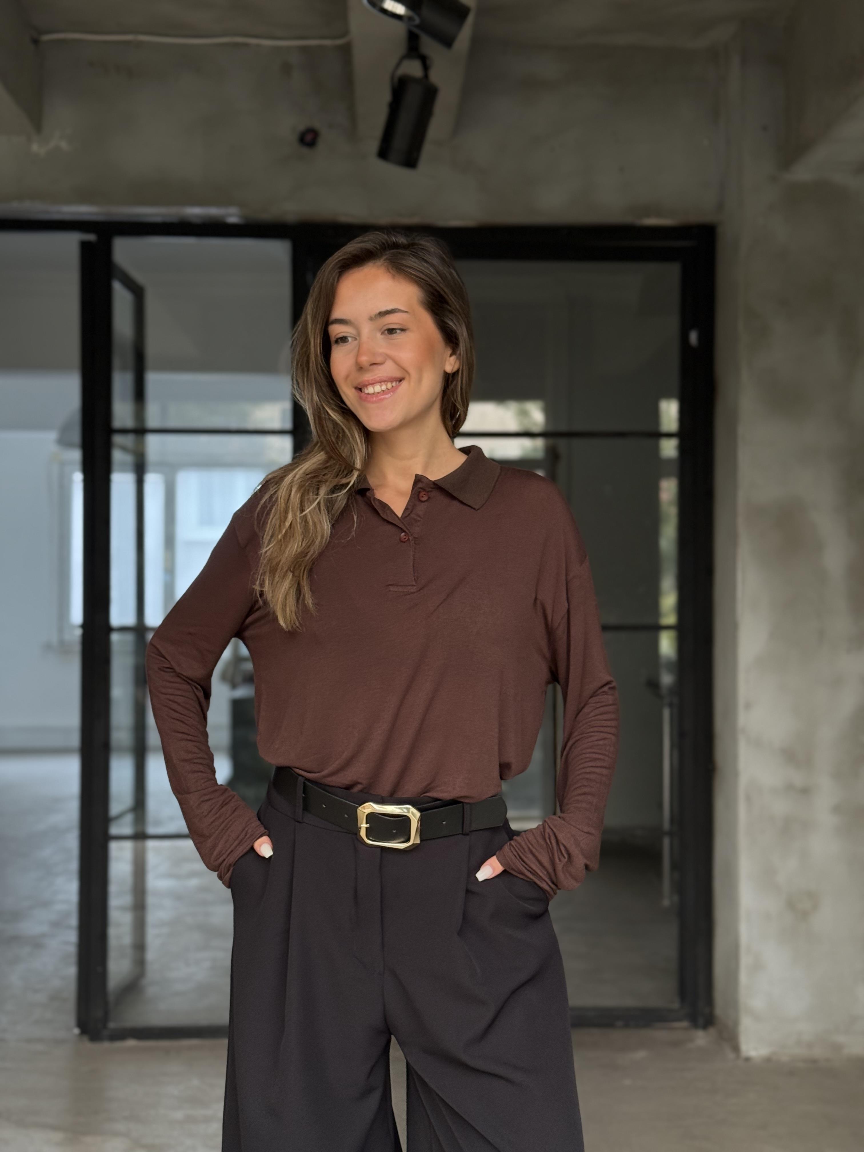 Çilek Kumaş Polo Yaka Transpara Bluz Kahverengi