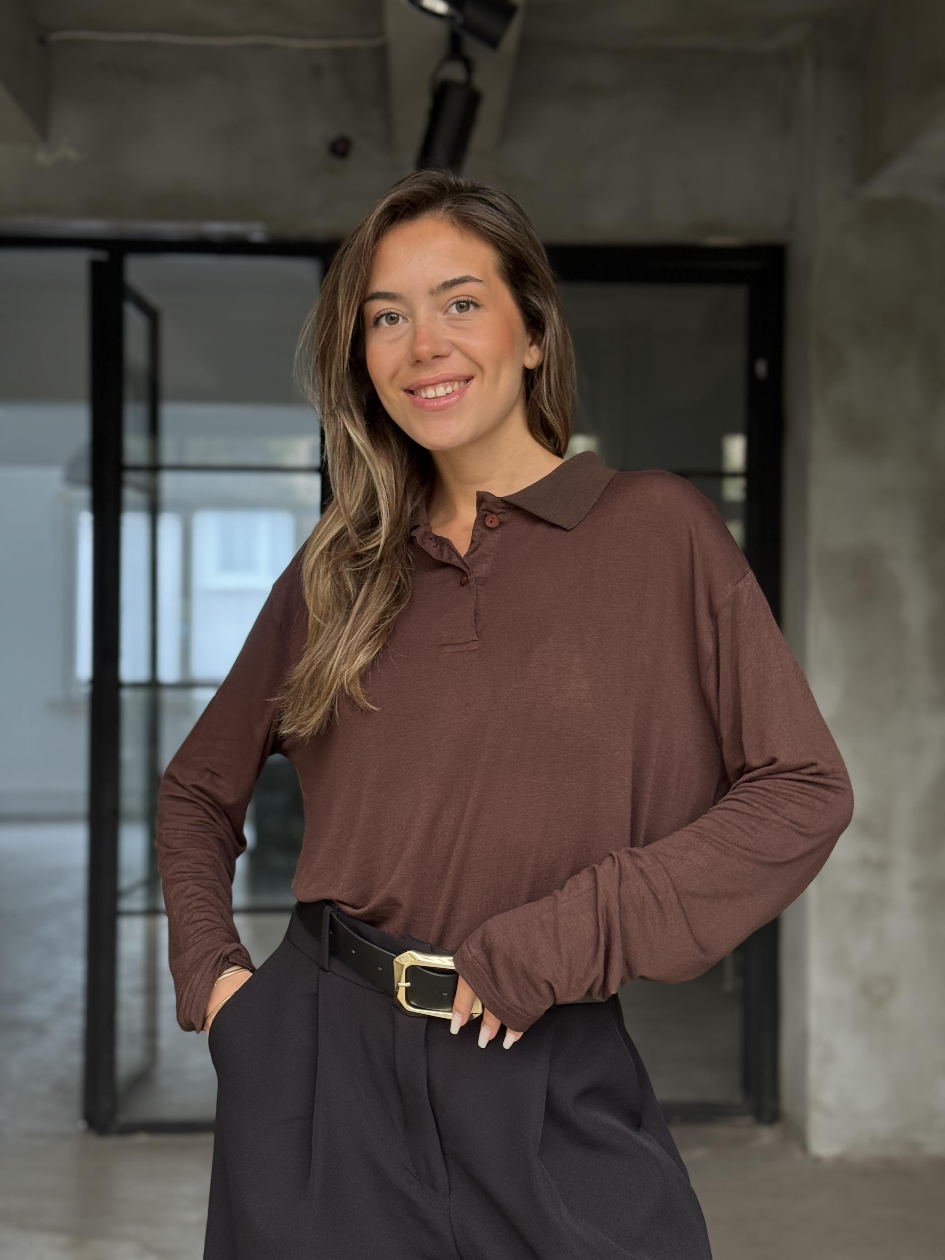 Çilek Kumaş Polo Yaka Transpara Bluz Kahverengi